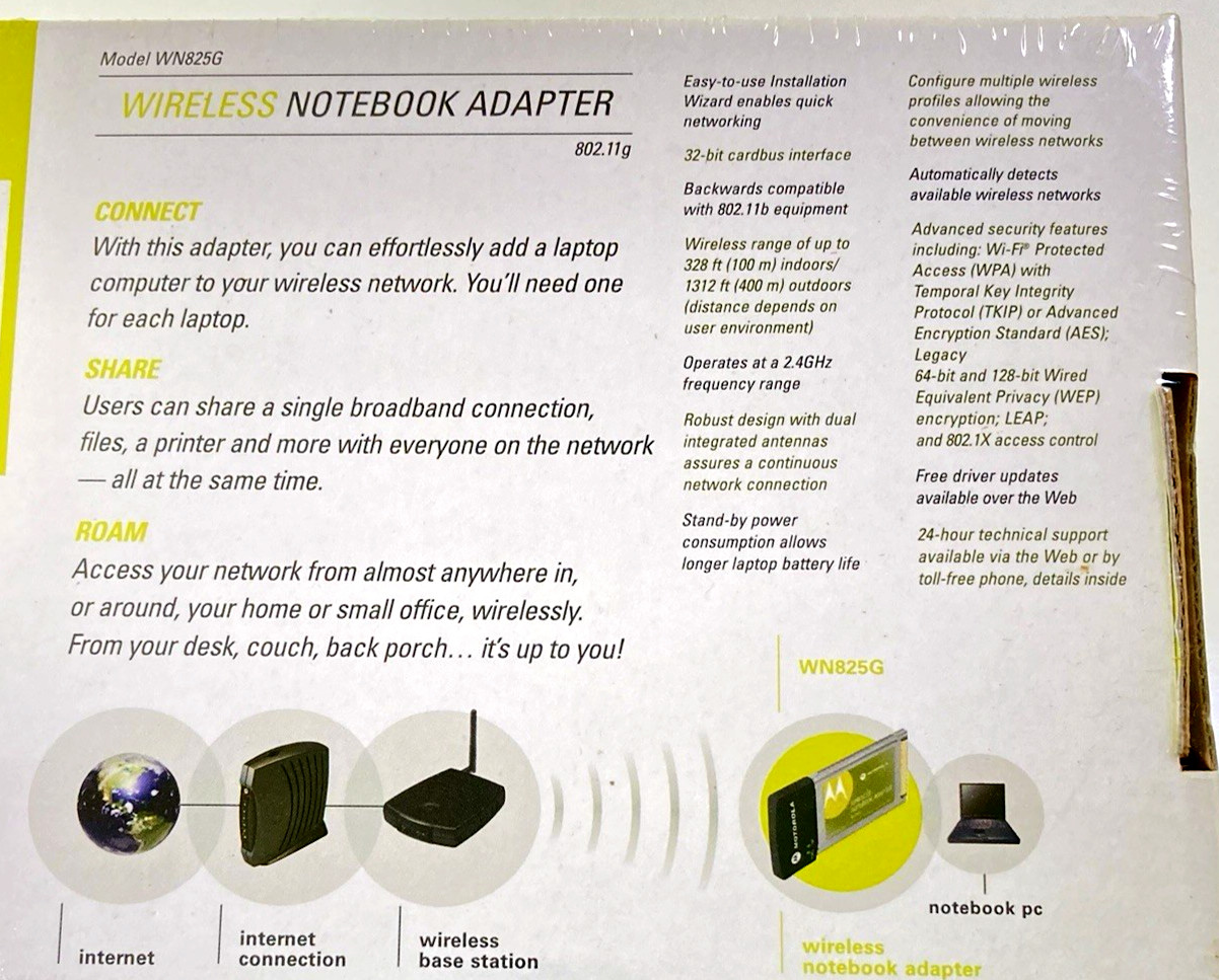 Motorola 802.11G Wireless Notebook Adapter, WN825G New, Sealed, Free Shipping