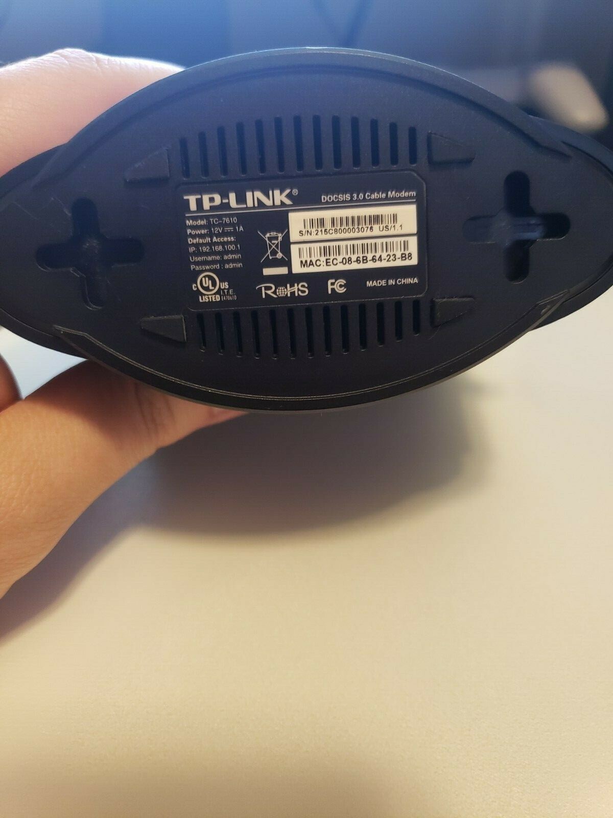 TP-LINK TC-7610 DOCSIS 3.0 Cable Modem, Black, Very good condition!