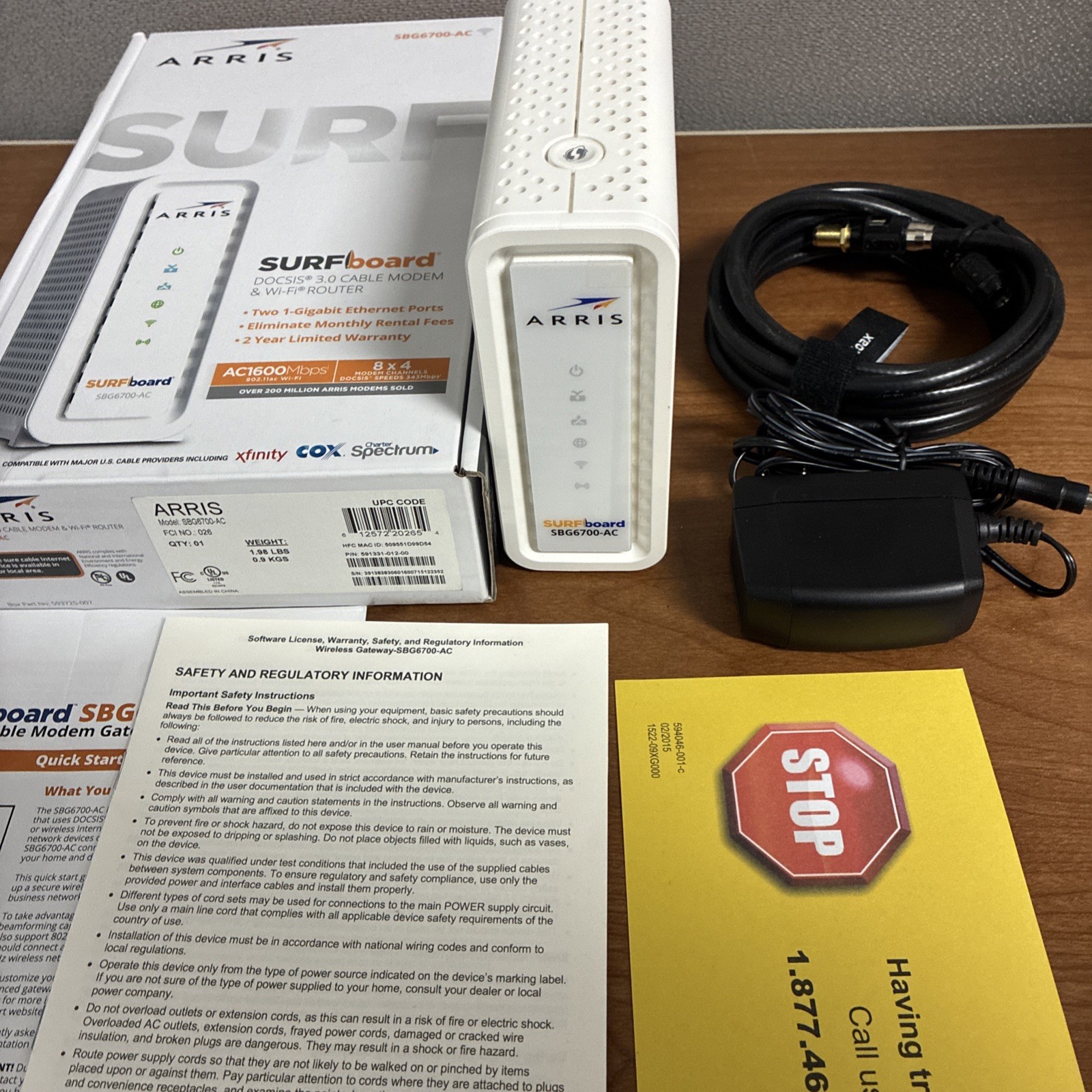 ARRIS SURFBOARD SBG6700- AC 3.0 CABLE MODEM & WI-FI ROUTER -WHITE W/POWER & BOX