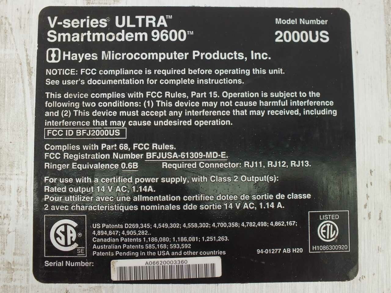 Hayes V-Series ULTRA 96 Desktop Smartmodem 9600 with Power Supply 2000US
