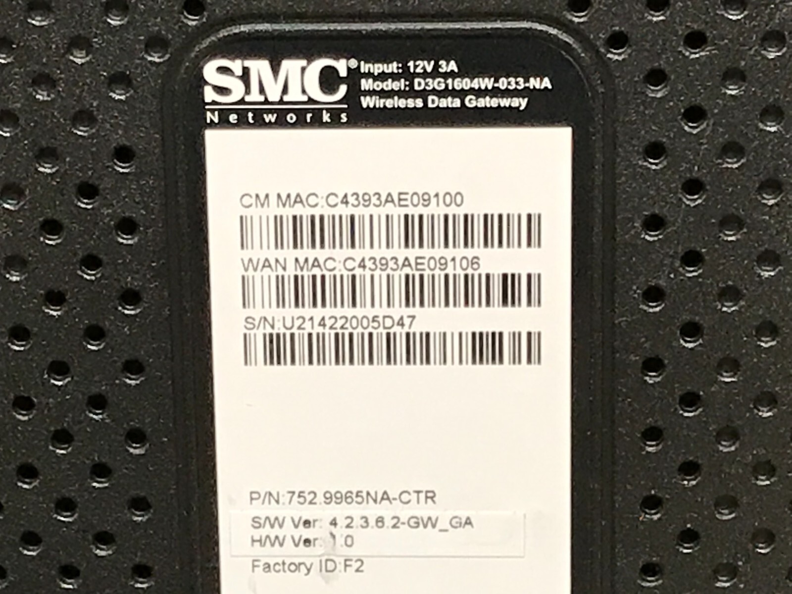 SMC Networks D3G1604W-033-NA Wireless Gateway Modem with Power Adapter