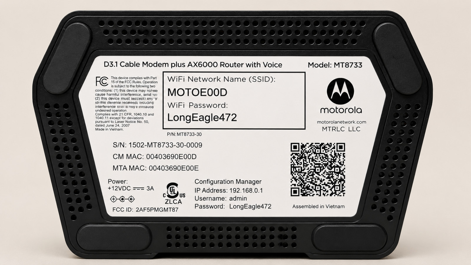 Motorola MT8733 DOCSIS 3.1 Cable Modem AX6000 WiFi 6 Router