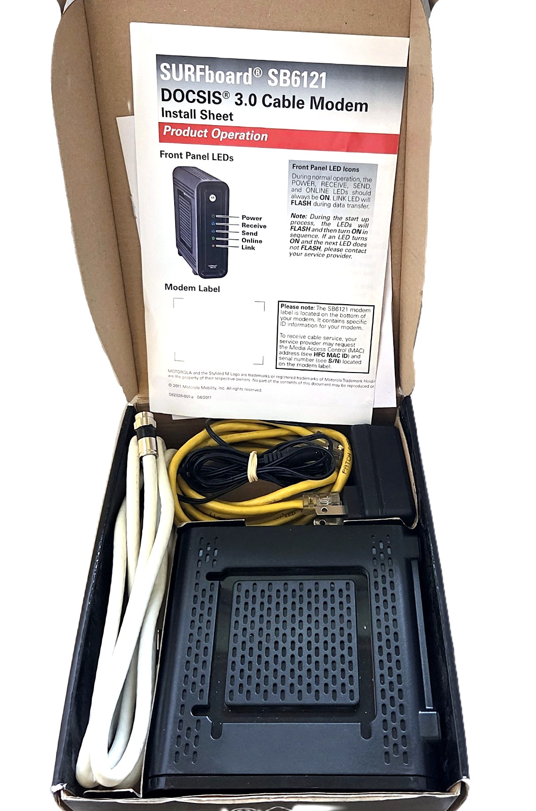 Motorola SURFBoard eXtreme CABLE MODEM SB6121 incl Coaxial & Ethernet Cables