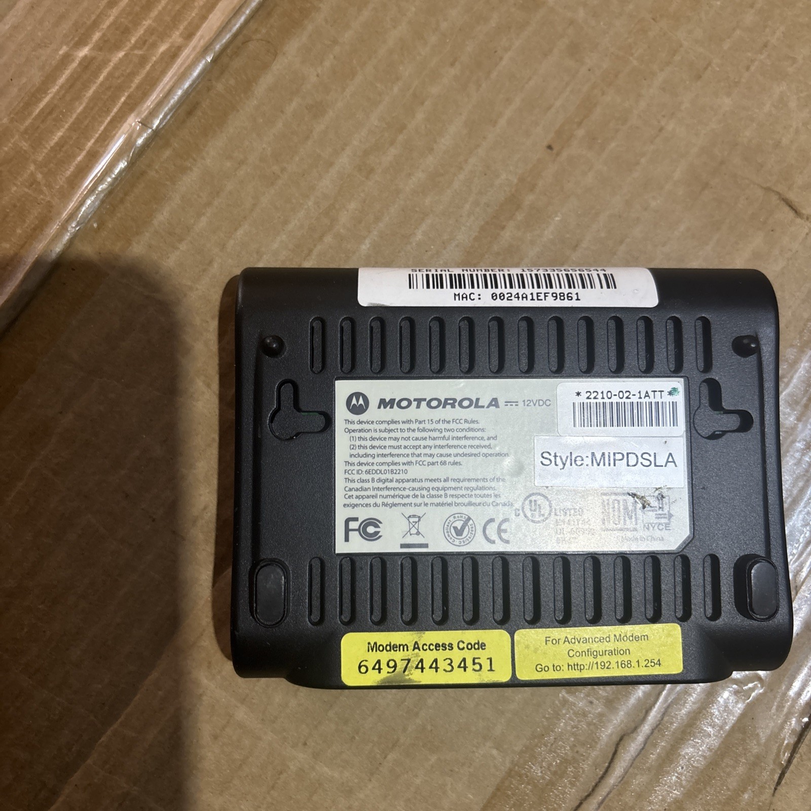 Motorola Modem 12VDC Router w Power Cord Black 2210-02 works
