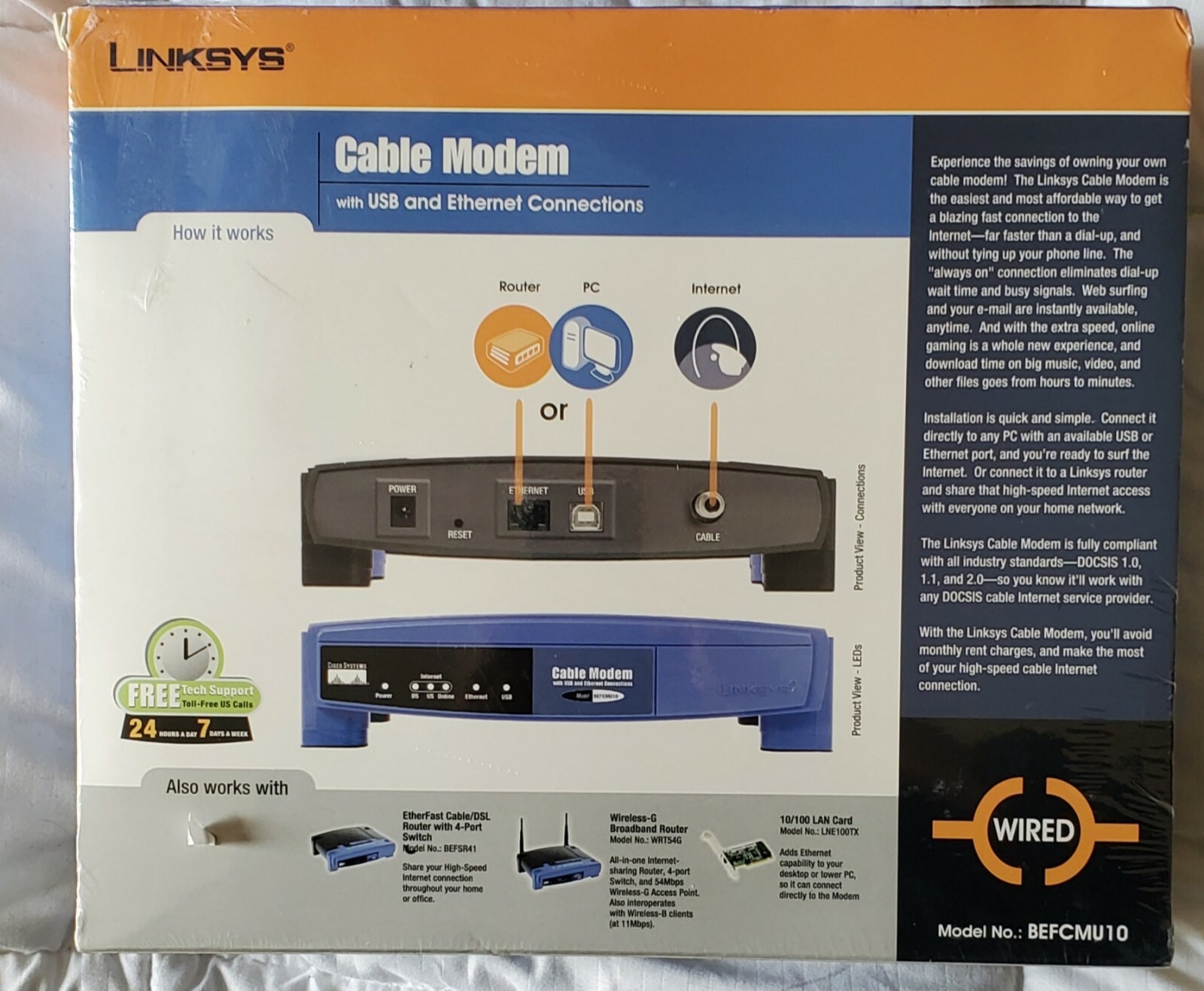 NIB Linksys BEFCMU10 Cable Modem USB and Ethernet Connections