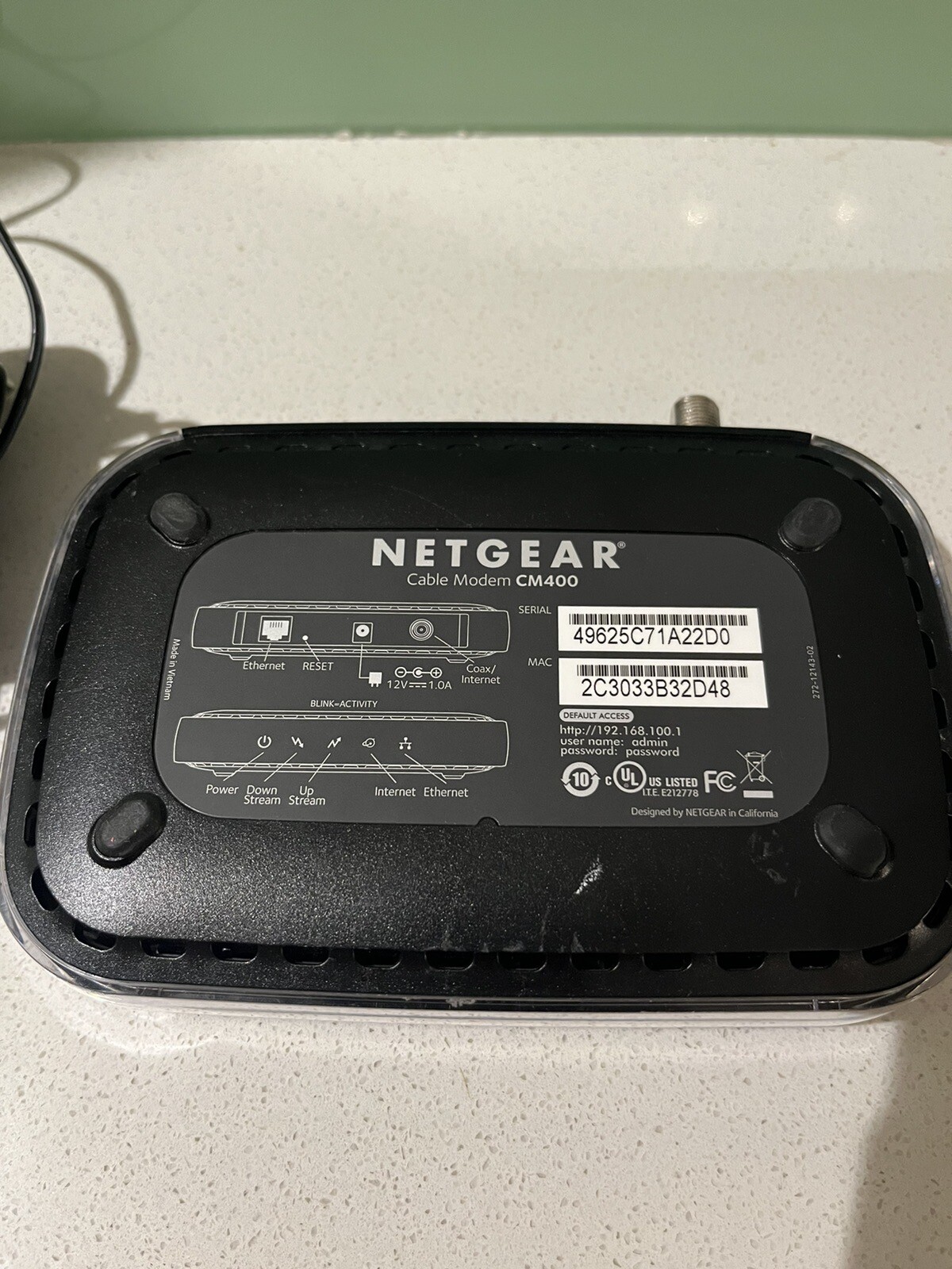 Netgear CM400 High Speed Cable Modem With Charger & Cable
