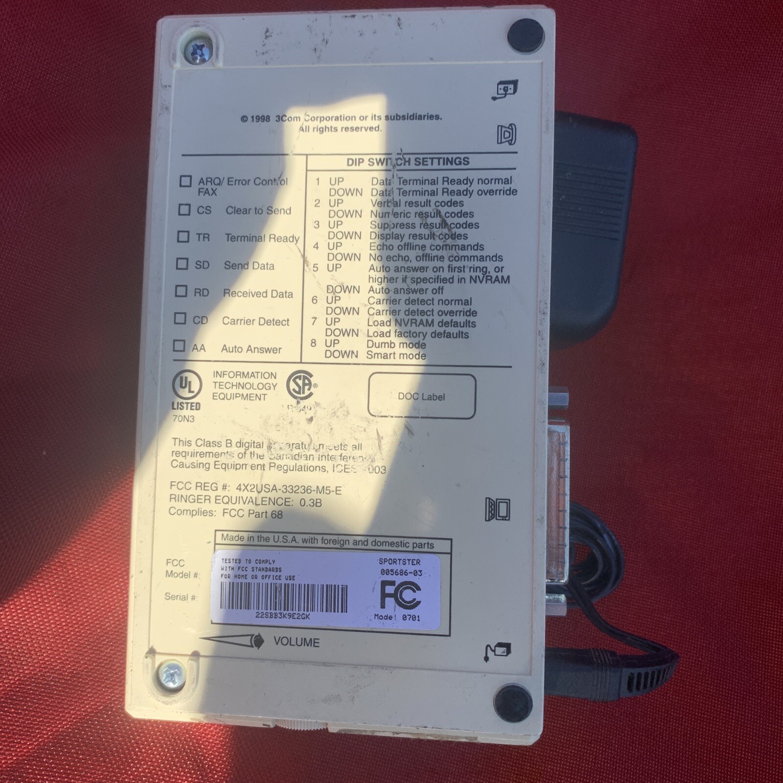 US Robotics Model 0701 Sportster Fax Modem 56K with power cord. 005686-03
