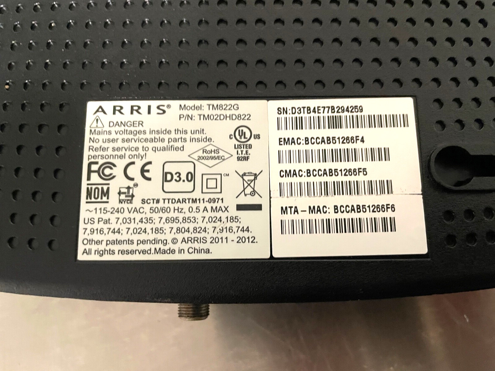 ARRIS TM822G DOCSIS 3.0 VoIP Telephony Modem + Ethernet Cable
