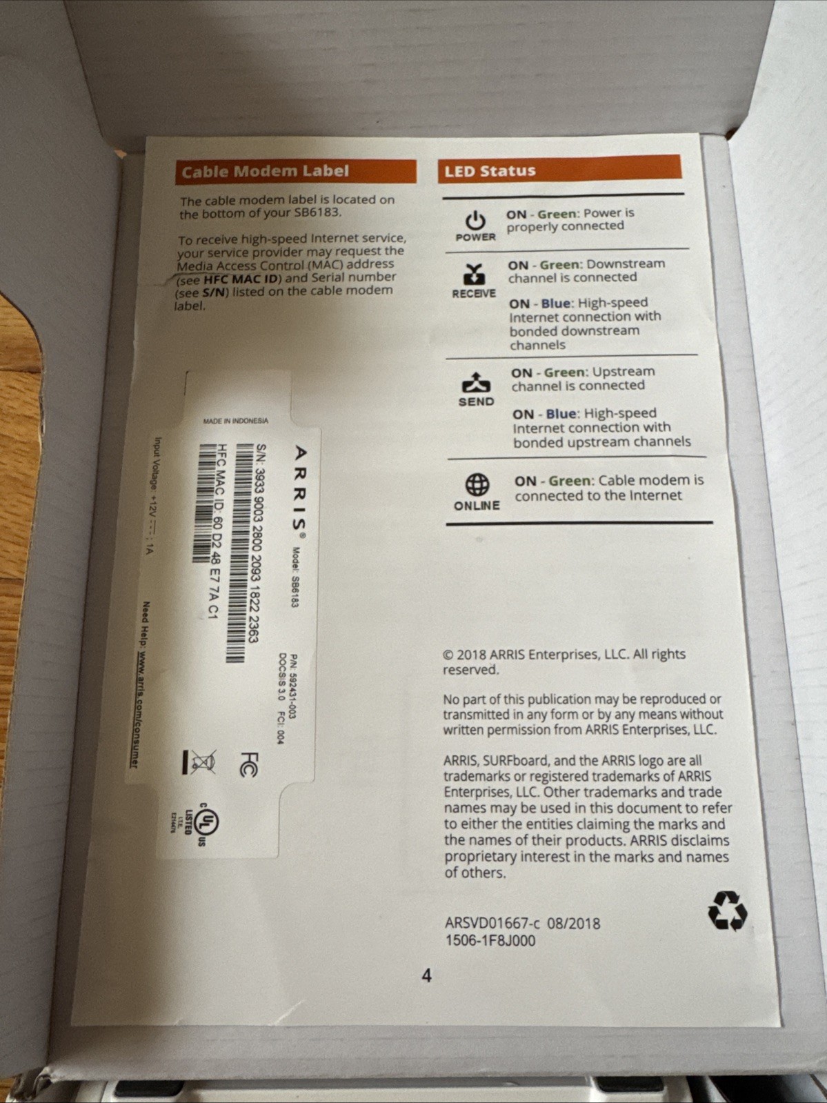 ARRIS SB6183 686 Mbps Cable Modem, White 59243200300 Open Box