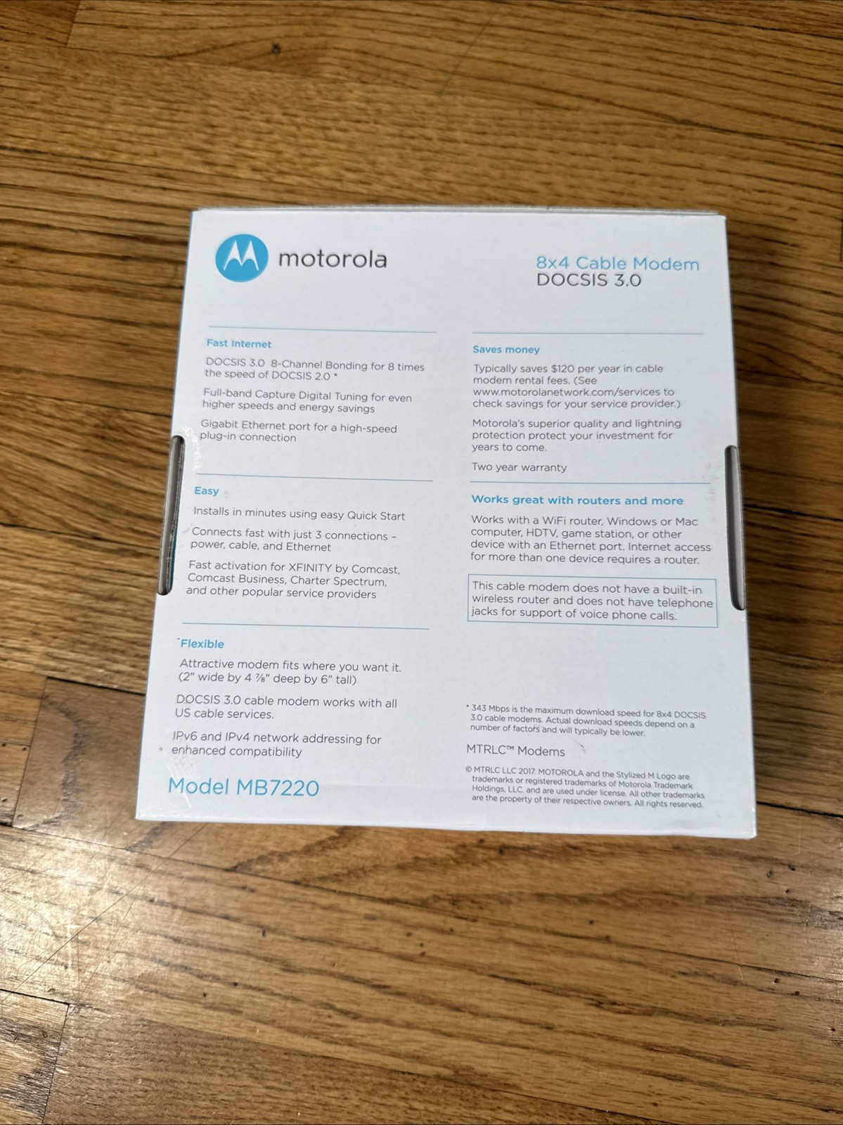 NEW Motorola 8×4 Cable Modem Model MB7220 OPEN BOx