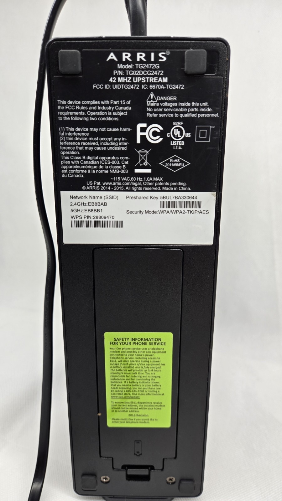 ARRIS Touchstone TG2472G Cable Voice Gateway Modem Home Office WiFi Black
