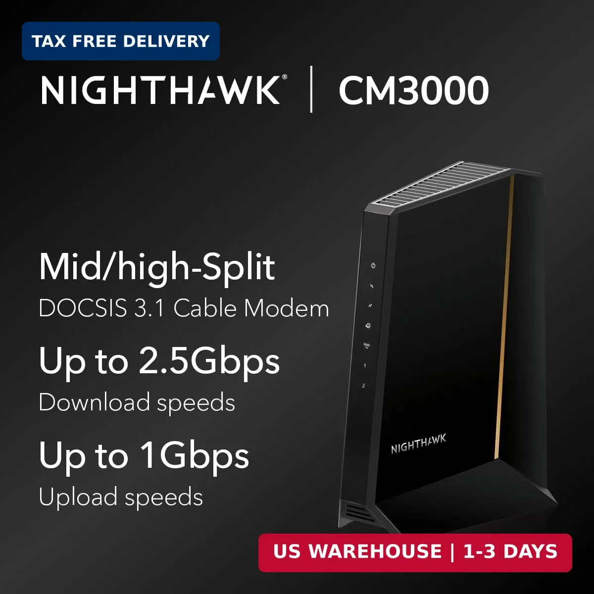 NETGEAR Nighthawk DOCSIS 3.1 Mid/High-Split Modem (CM3000-1AZNAS) – Approved for