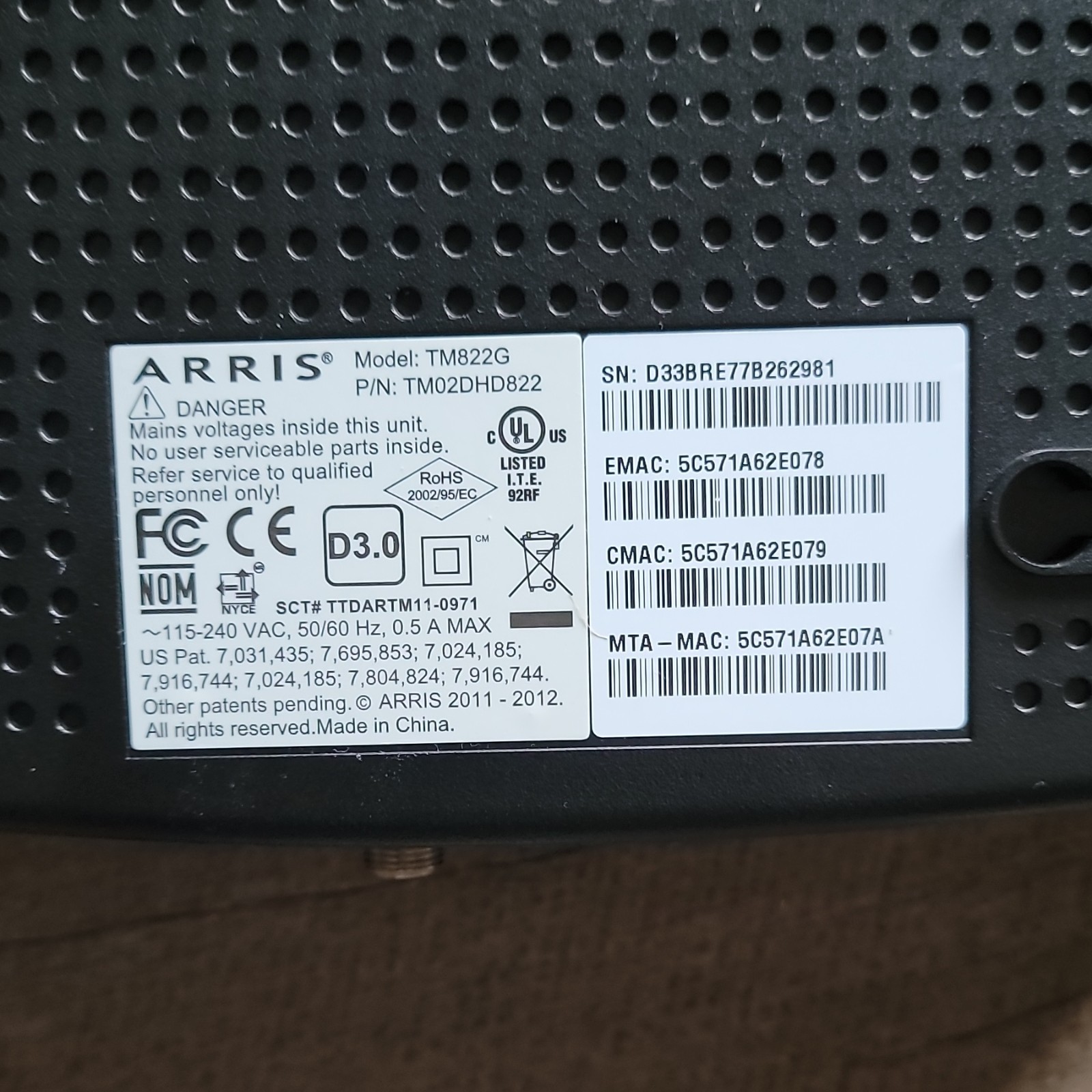 ARRIS TM822G Cable Modem DOCSIS 3.0, Ethernet, Telephone, Coaxial Ports, Black