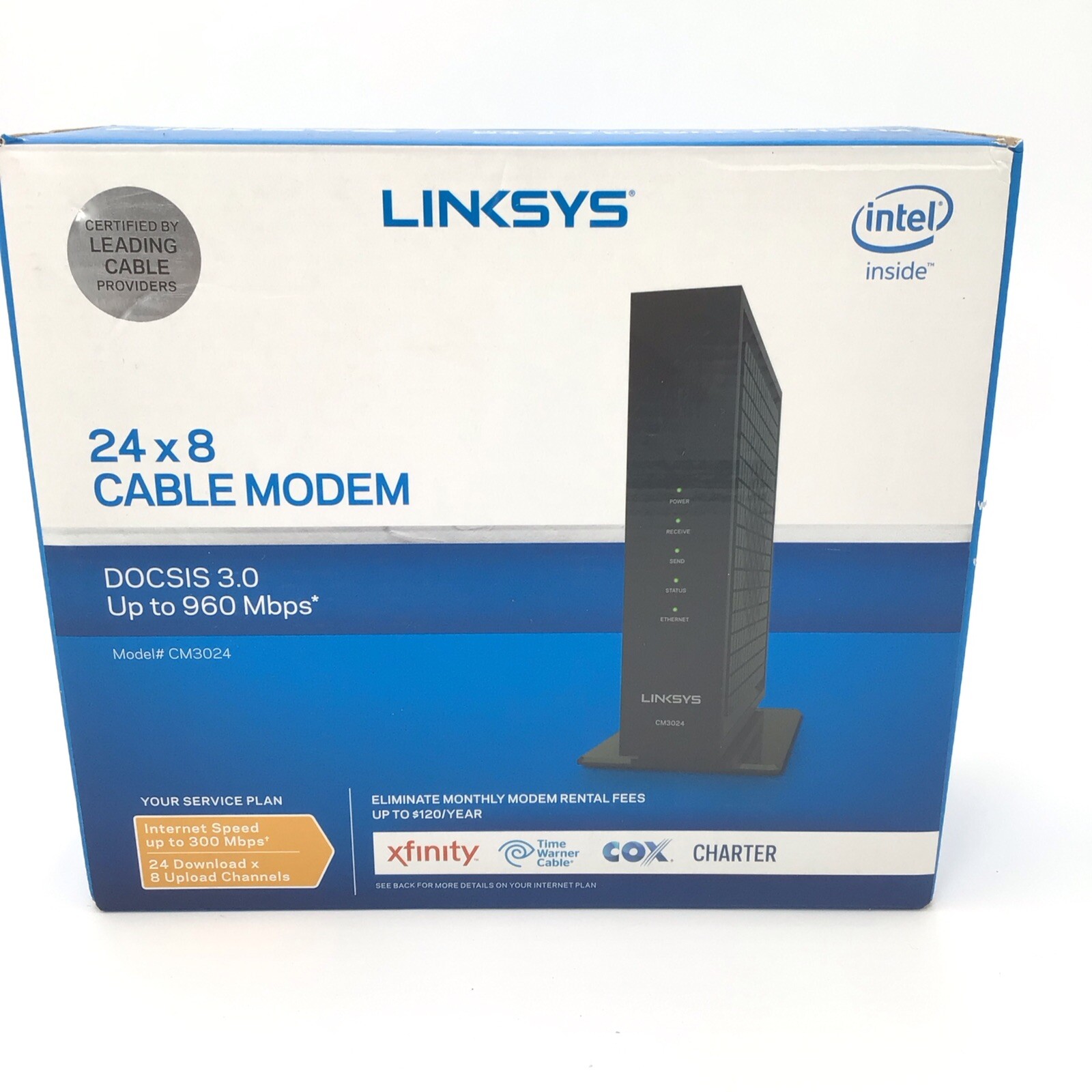 Linksys ‎B01DACQM9M 24×8 Cable Modem Intel Model# CM3024 Xfinity Cox Charter TWC