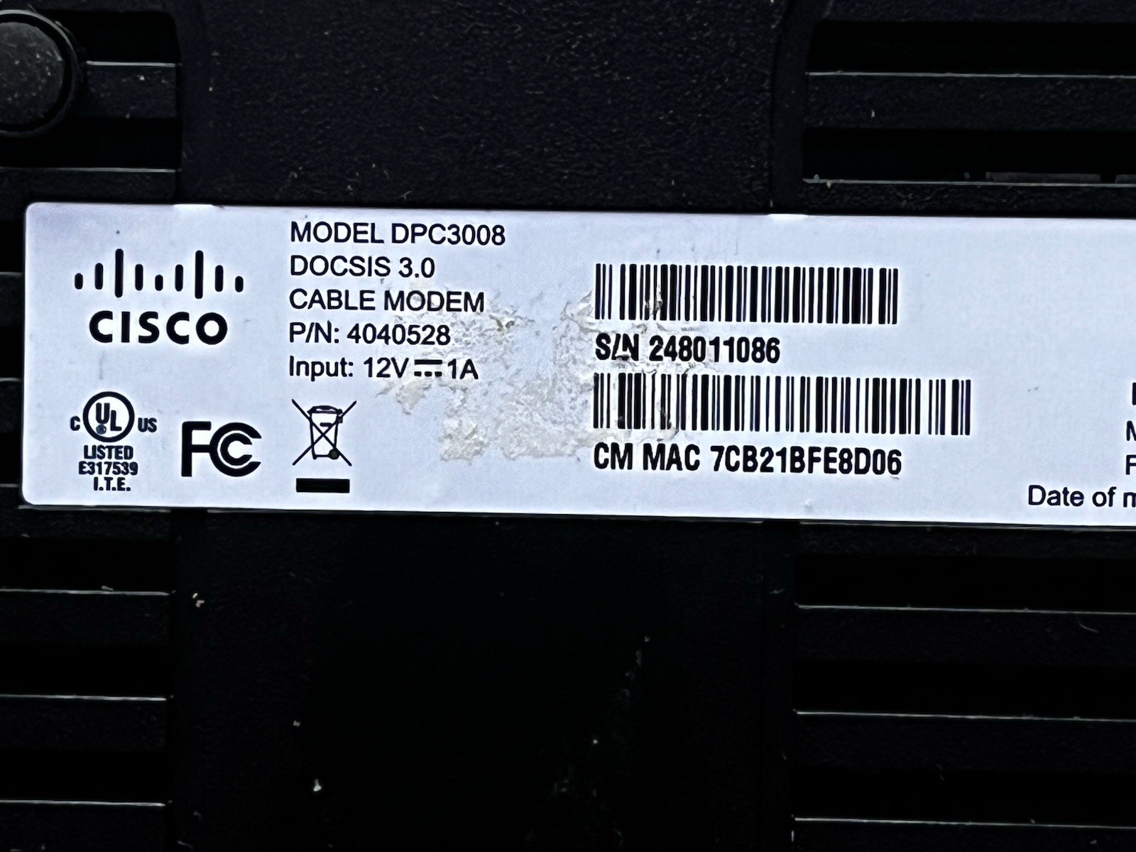 Cisco technicolor Cable Modem DPC3008 Unused. No Box Eng Elec Co Cord 3A-125DU12