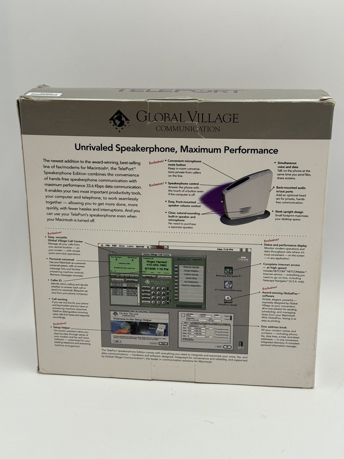 Global Village TELEPORT Speakerphone Edition 33.6 Kbps Modem Macintosh In Box