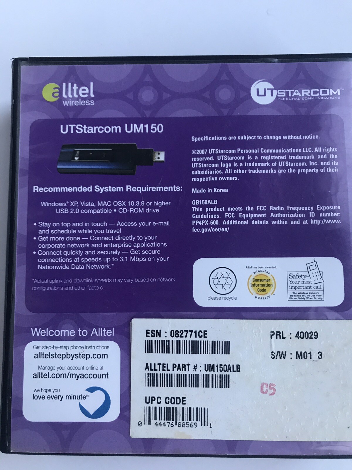 Alltel UTStarcom UM150 USB Wireless Modem Micro SD Card Reader Retractable Ant