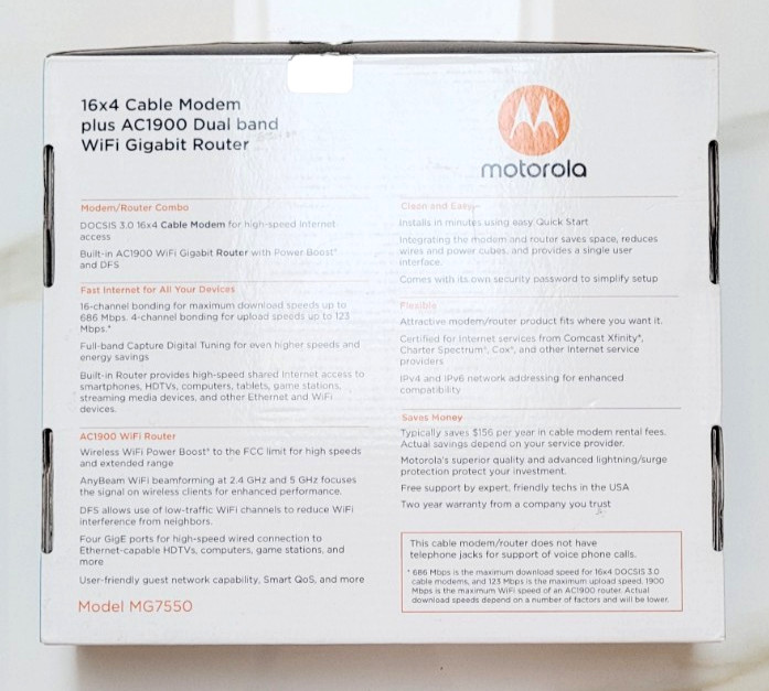 Motorola MG7550 16×4 High Speed ​​Cable Modem Plus AC1900 WiFi Router