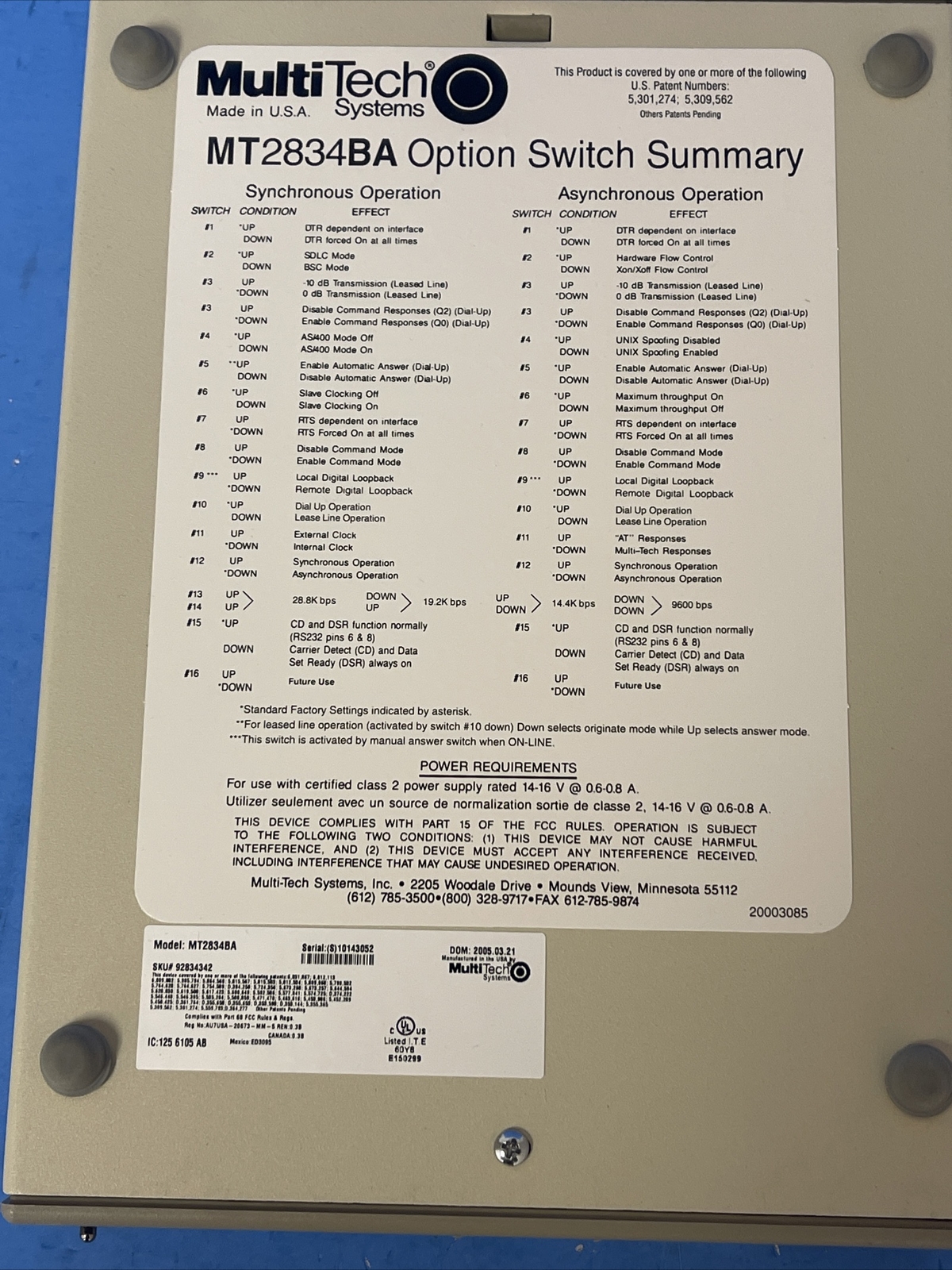 MULTITECH MODEL MT2834BA SERIES 33.6Kbps Intelligent Modem