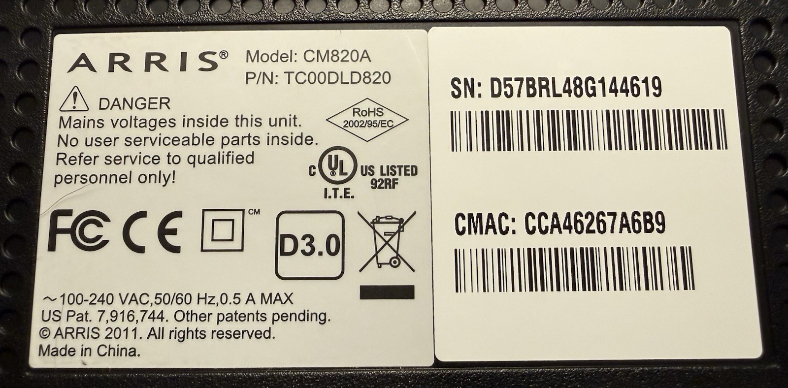 ARRIS CM820A/CT DOCSIS 3.0 Cable Modem