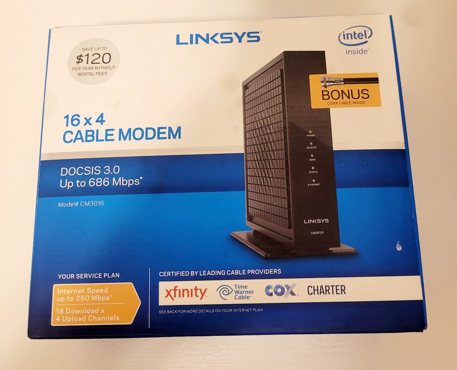 Linksys Cable Modem CM3016, Intel 16×4 DOCSIS 3.0 Up to 686 Mbps in Black