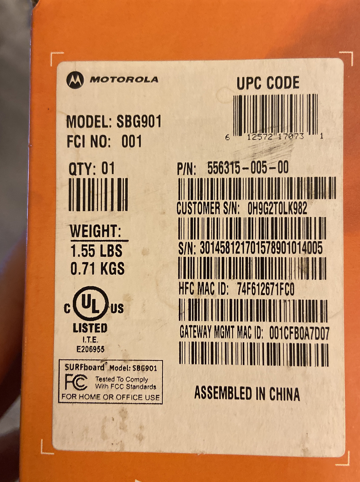 Motorola SURFboard Wireless Cable Modem Gateway SBG901