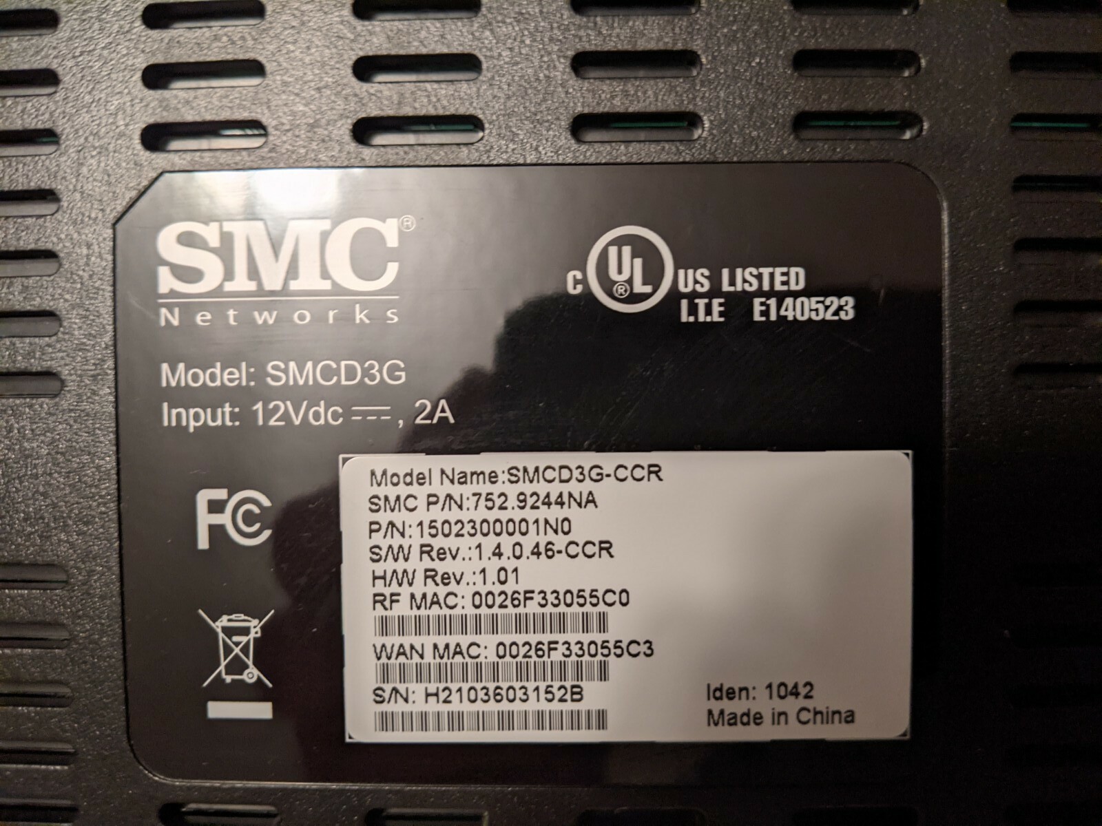 SMC Networks SMCD3G-CCR Comcast Cable Modem IP Gateway Router