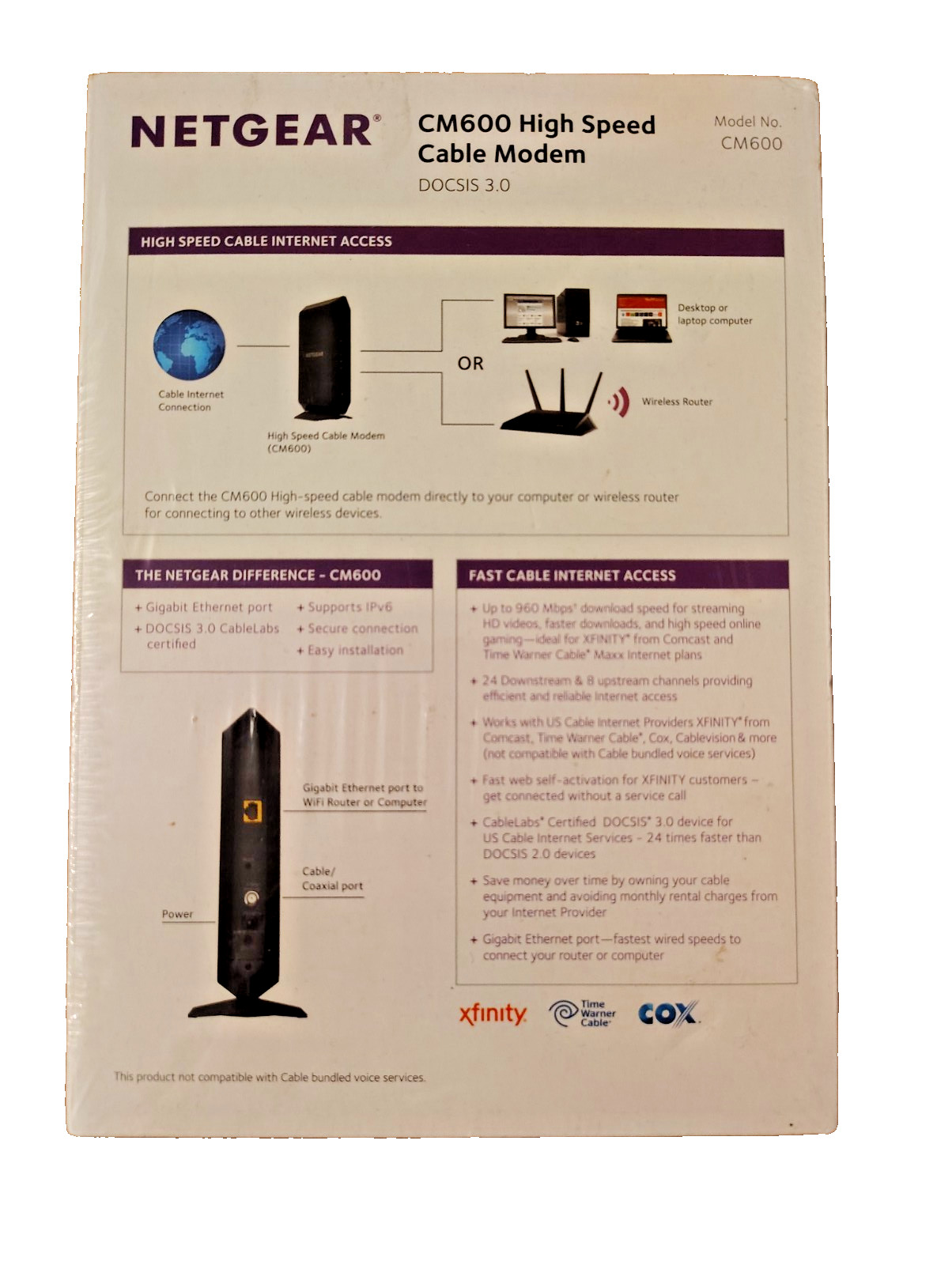NEW NETGEAR CM600 Cable Modem DOCSIS 3.0 Xfinity Spectrum Cox Fast Shipping