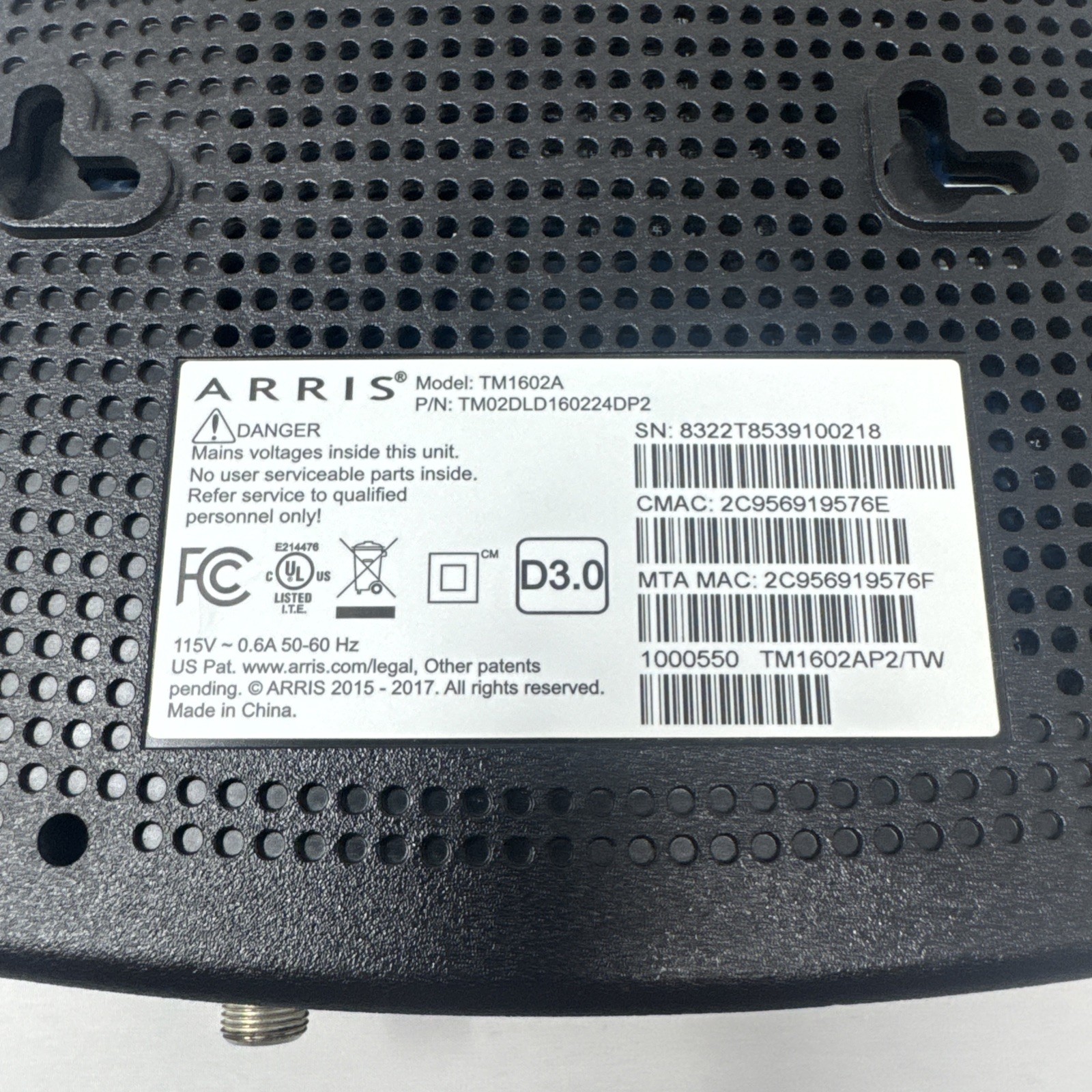 ARRIS TM 1602 Modem Tested Works