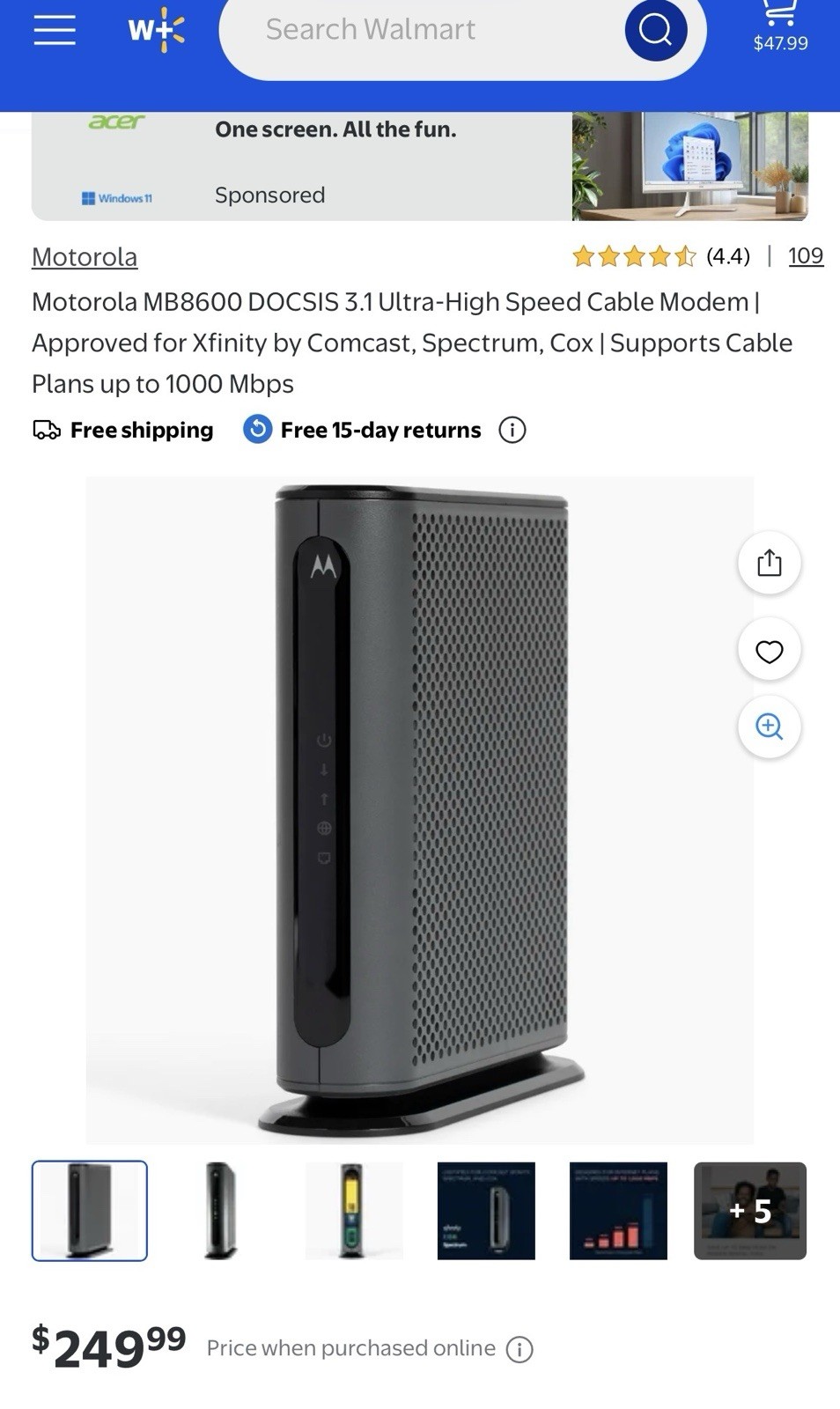 Motorola MB8600 DOCSIS 3.1 Ultra High Speed Cable Modem with Power Cord