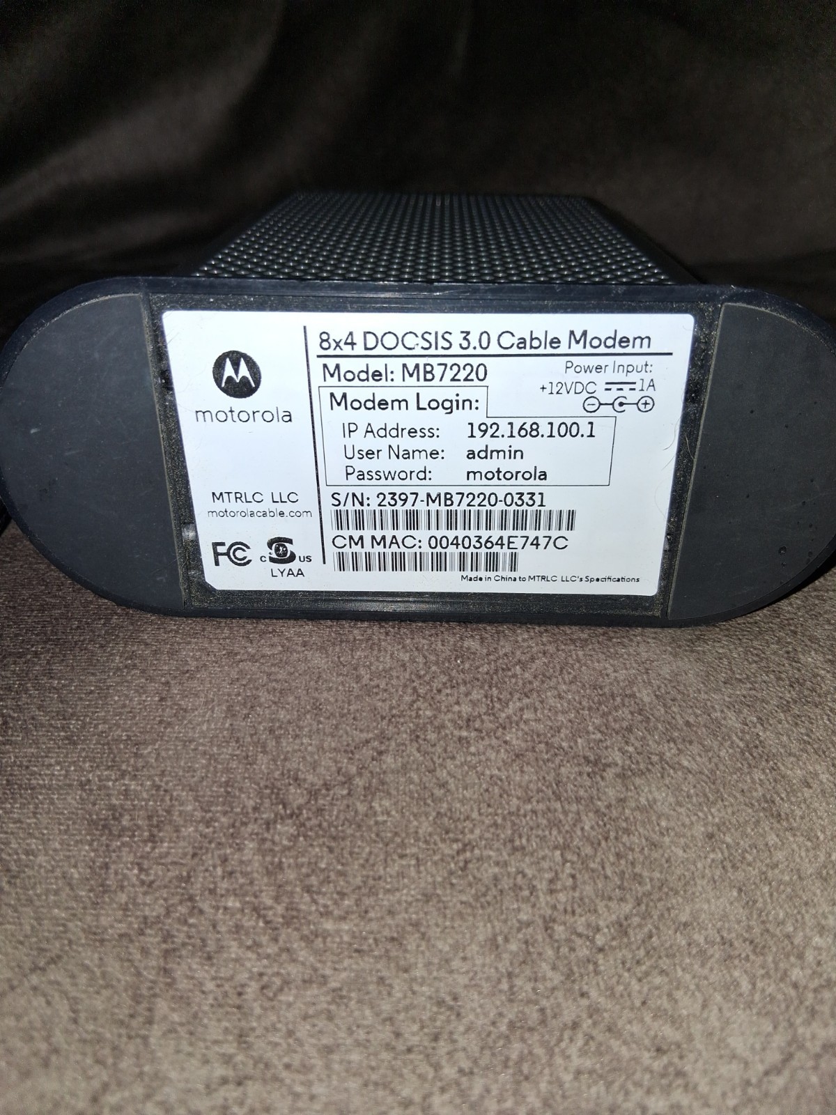 Motorola MB7220 DOCSIS 3.0 8×4 Cable Modem 343 Mbps 1x Ethernet