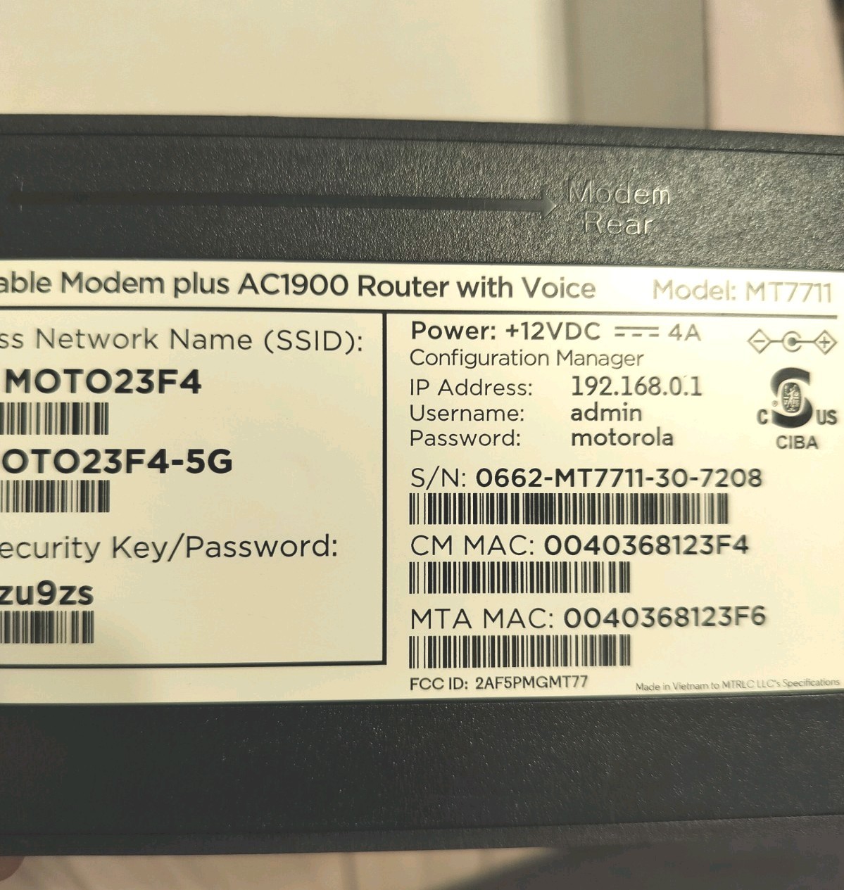 Motorola MT7711 24×8 Modem Router Two Phone Lines DOCSIS 3.0 AC1900 Dual Band
