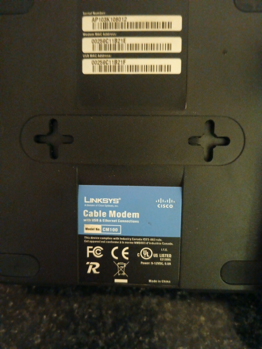 LINKSYS USB/Ethernet/Coax Modem CM100 By CISCO w/Cables, Power Supply,Manual
