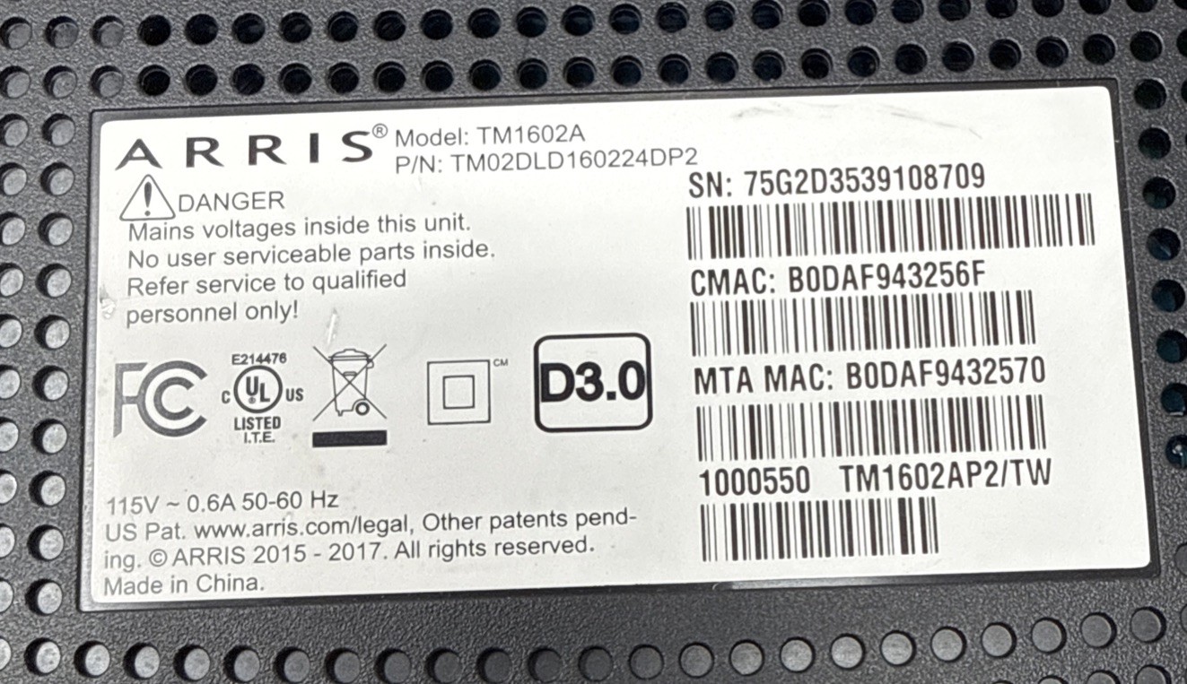 ARRIS Internet Cable Modem DOCSIS 3.0 Model TM1602A