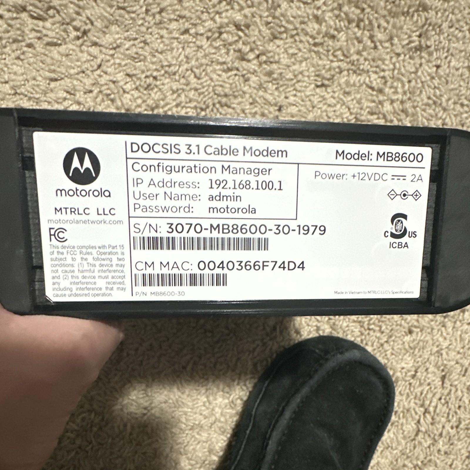 Motorola MB8600 DOCSIS 3.1 Cable Modem 1 LAN Ethernet Port, Unit ONLY, no cords
