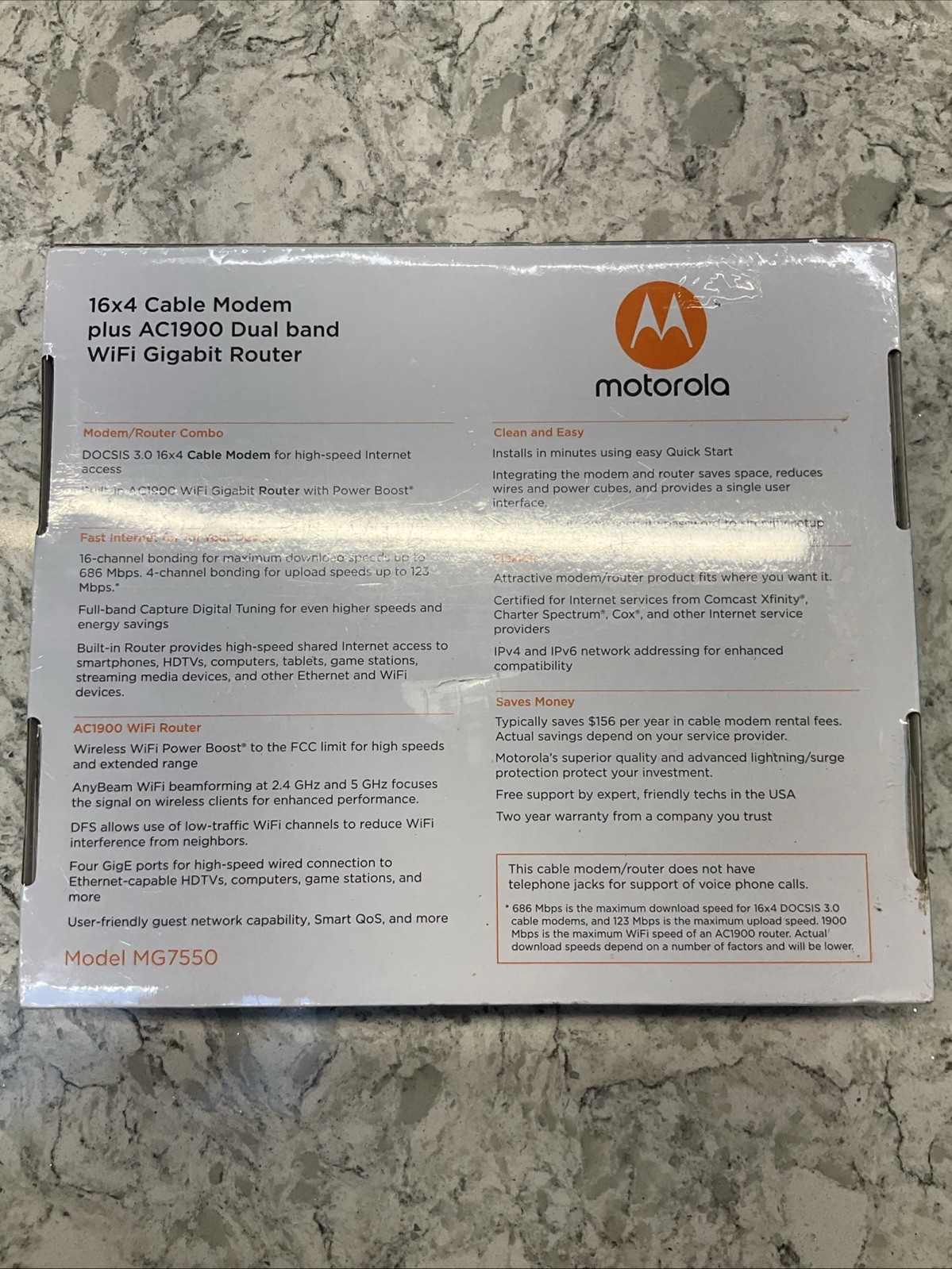NEW Motorola MG7550 (16×4) Cable Modem + AC1900 Wi-Fi Router Combo DOCSIS 3.0
