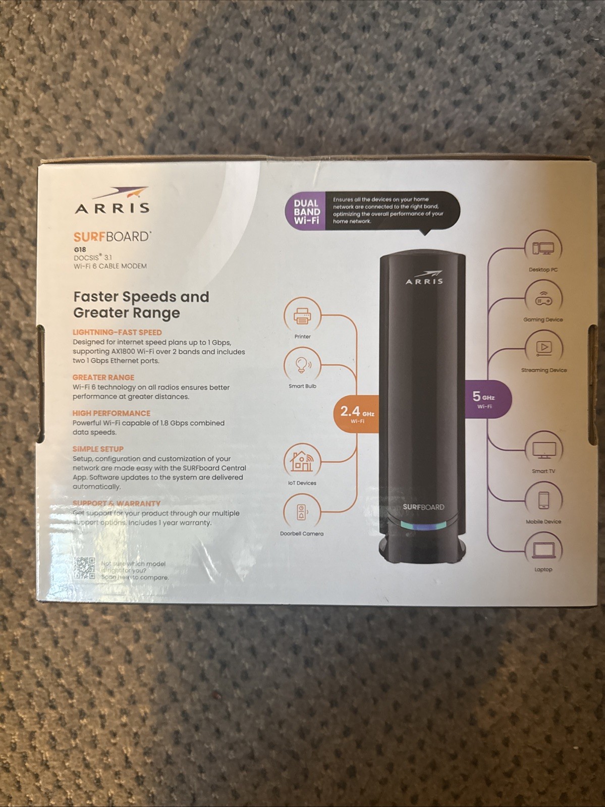 Arris G18 Cable Modem Router Combo Fast DOCSIS 3.1 Multi-Gigabit WiFi 6 AX1800