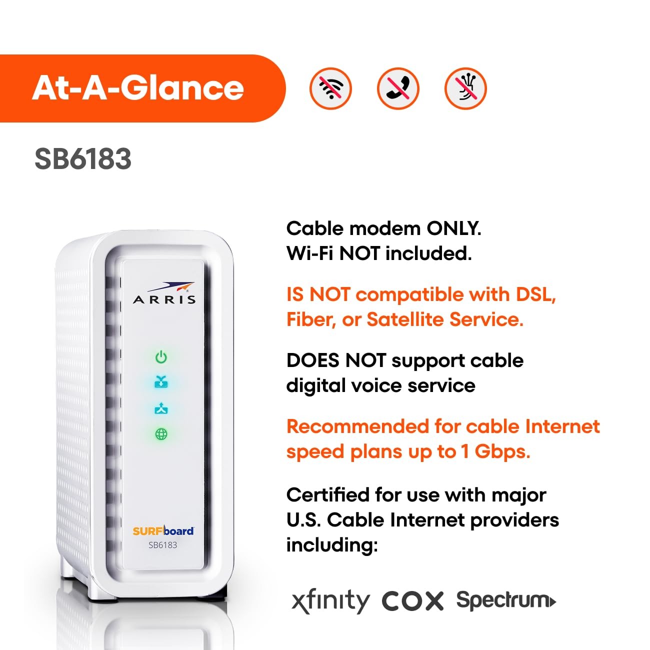 ARRIS SURFboard SB6183 DOCSIS 3.0 Cable Modem White Manufacturer Refurbished