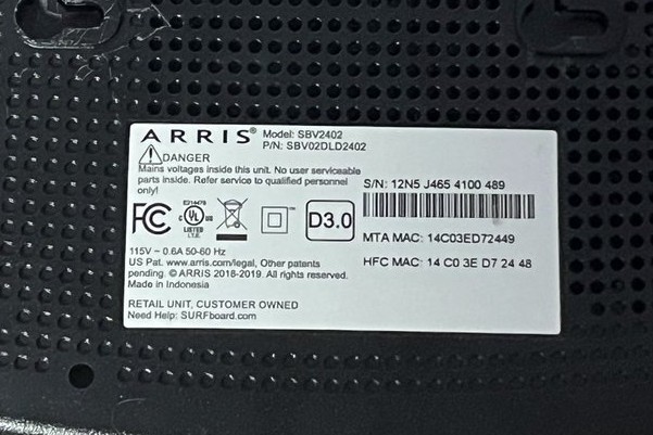 ARRIS SURFboard DOCSIS 3.0 Cable Modem SBV2402 VOIP Phone Power Cable Xfinity