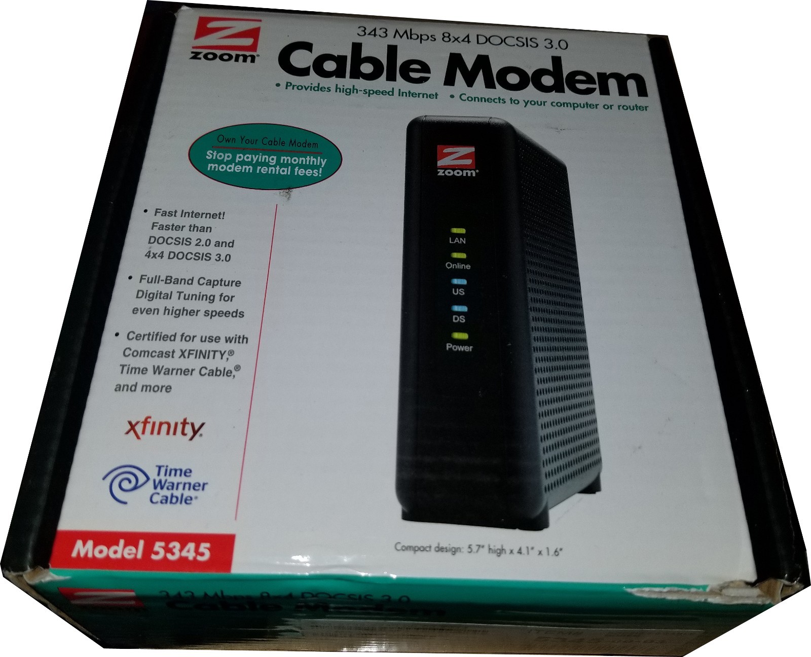 Zoom Cable Modem, High-Speed 343 Mbps DOCSIS 3.0, 5345, Black