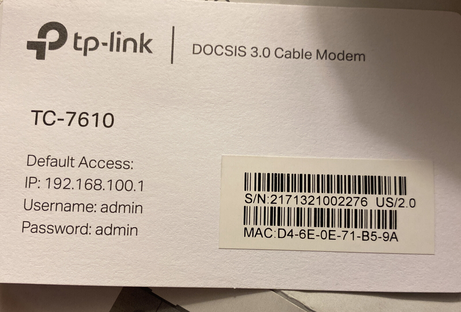 TP-Link TC-7610 DOCSIS 3.0 (8×4) Cable Modem. Max Download SpeedsUpTo343Mbps.NIB