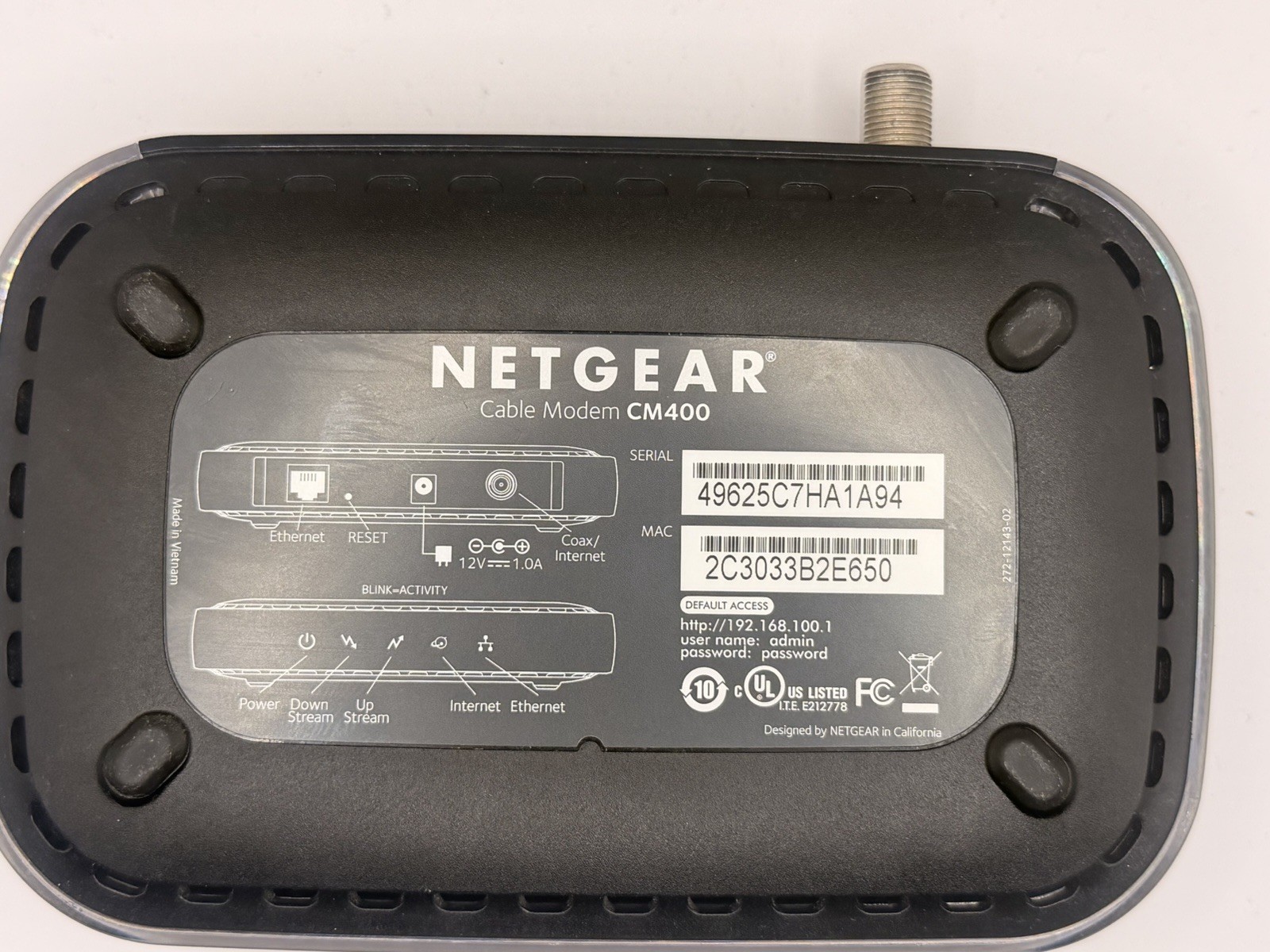 Netgear CM400 Cable Modem High-Speed DOCSIS 3.0 (CM400-100NAS) 340 Mbps