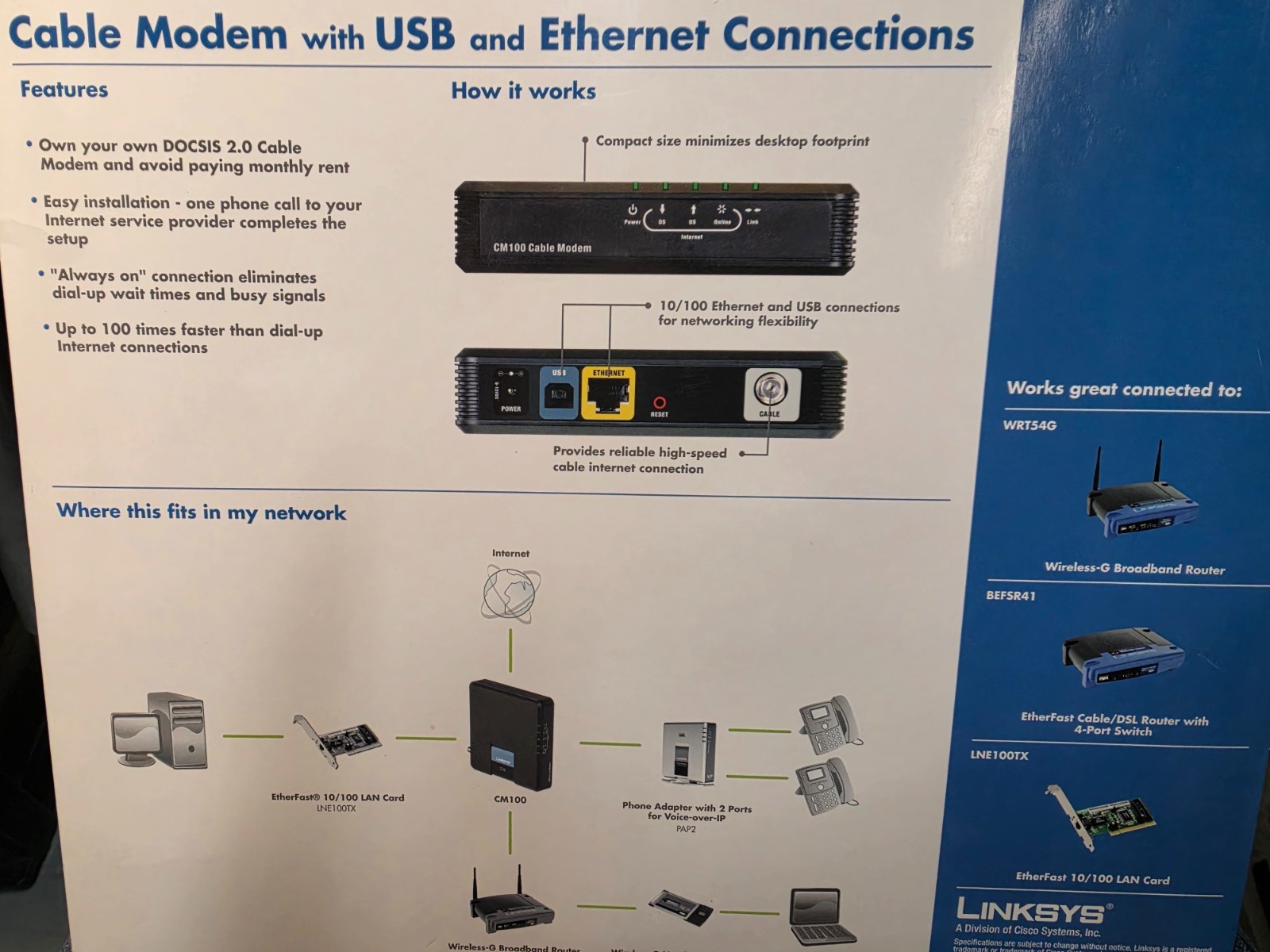 LINKSYS CISCO CM100 DOCSIS 2.0 CABLE MODEM COMPLETE IN BOX w/CD CABLES MANUAL