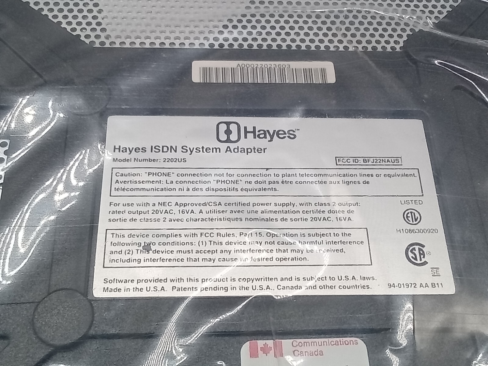 1 NOS Hayes ISDN SYSTEM ADAPTER SUPPORTS AT&T 5ESS AND NT DMS-100