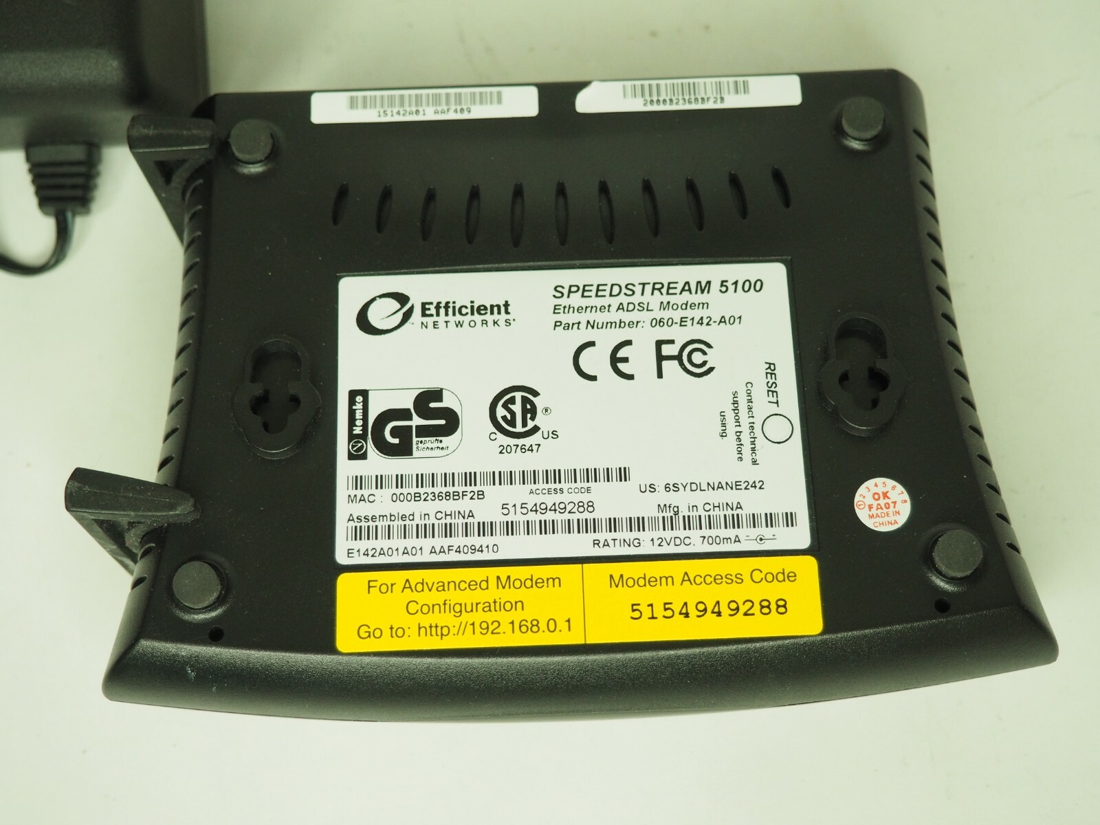 Siemens Efficient Networks SpeedStream 5100 Ethernet ADSL Modem w/ AC Adapter