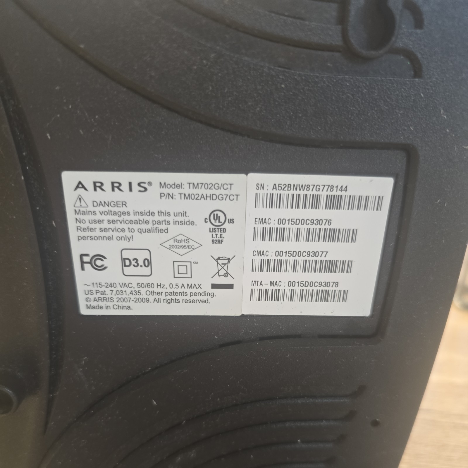Arris Touchstone TM702G/CT Internet Cable Modem Docsis 3.0