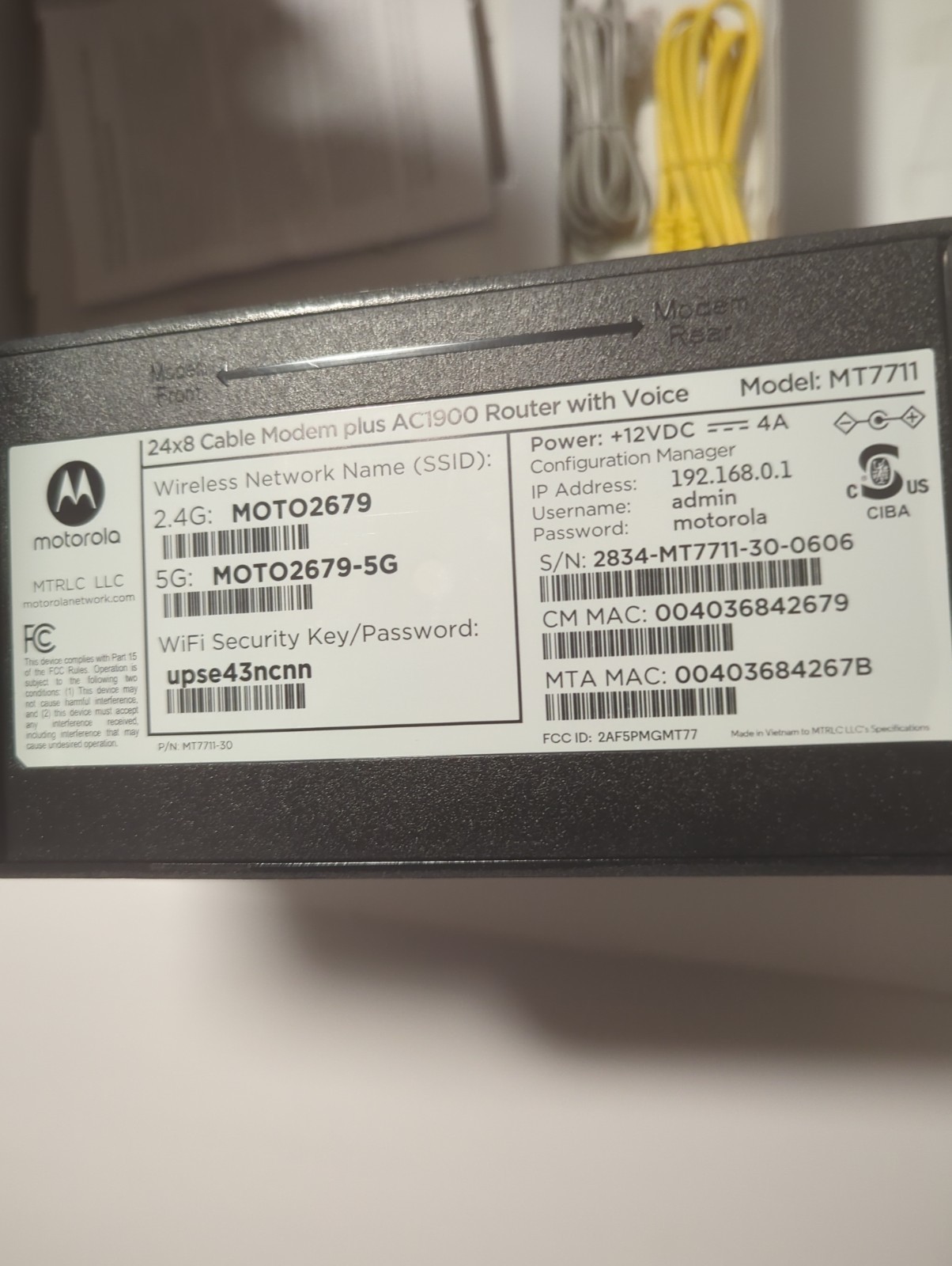 Motorola MT7711 Ultra Fast 24X8 Cable Modem Router + Voice AC1900