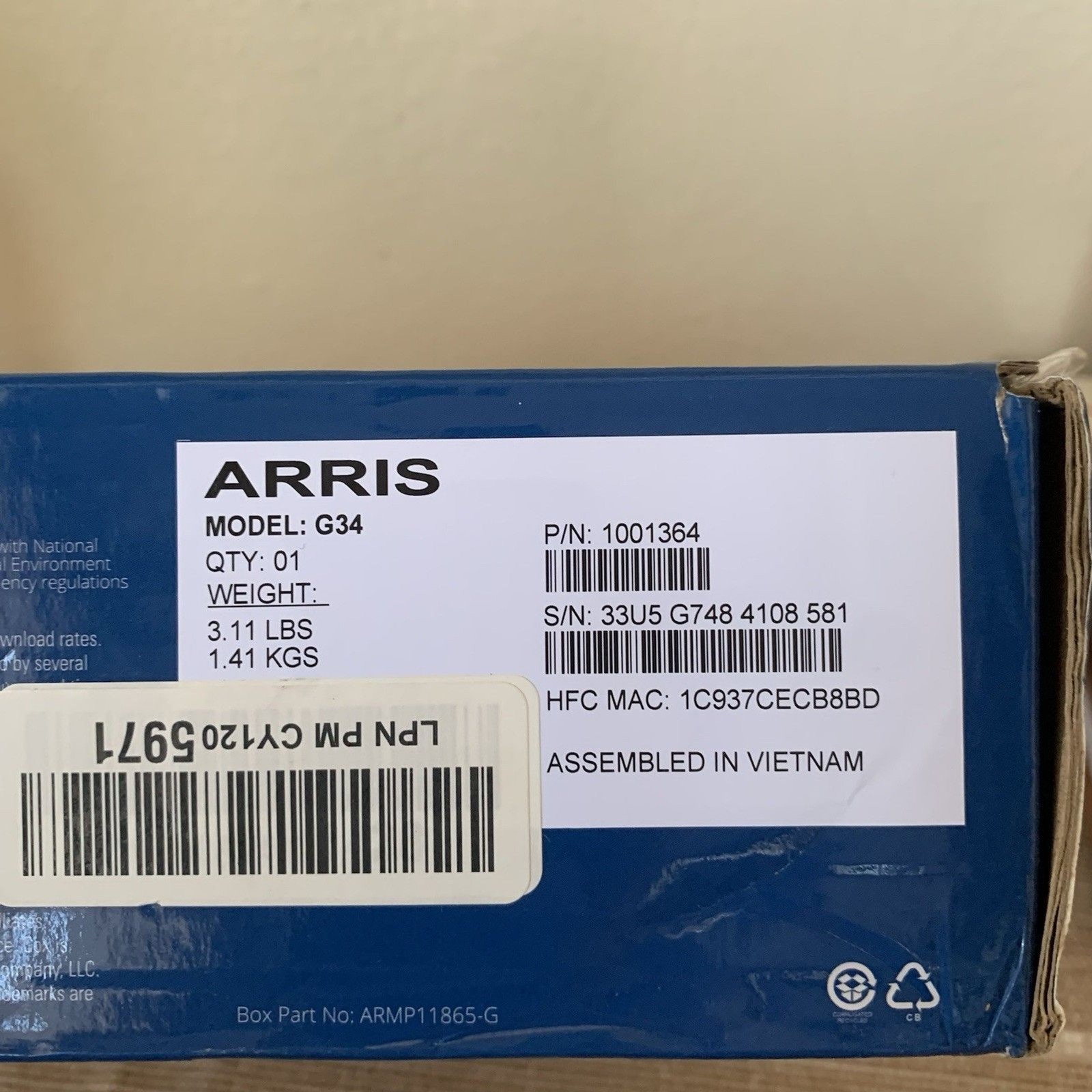 ARRIS SURFboard G34 DOCSIS 3.1 Wi-Fi 6 Cable Modem AX3000 For Repair Parts Only
