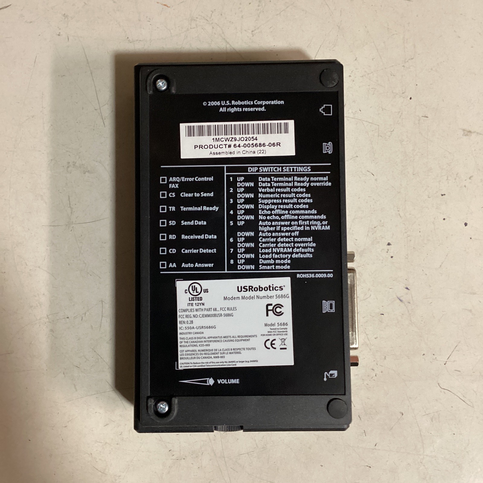 U.S. Robotics USR5686G V.92 Serial Controller Faxmodem 56Kbps RS-232 Serial Port