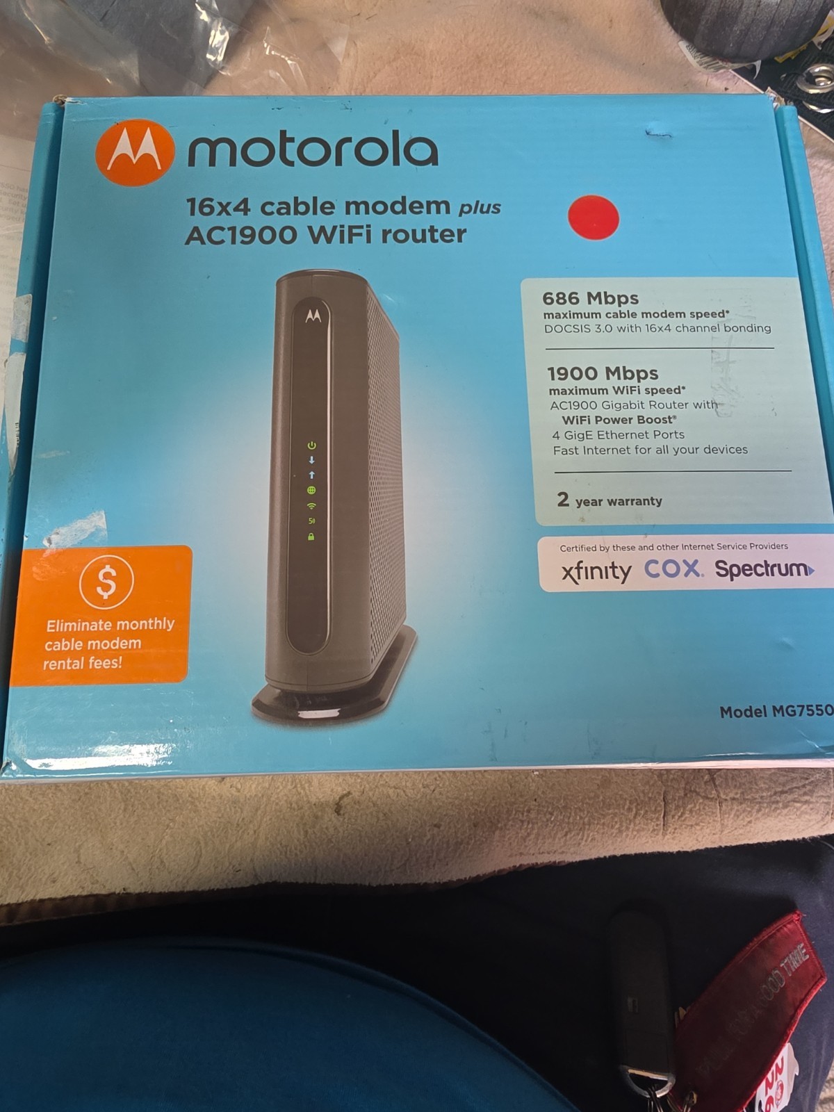 MOTOROLA MG7550-30 AC1900 WIFI ROUTER 16X4 CABLE MODEM PLUS ROUTER